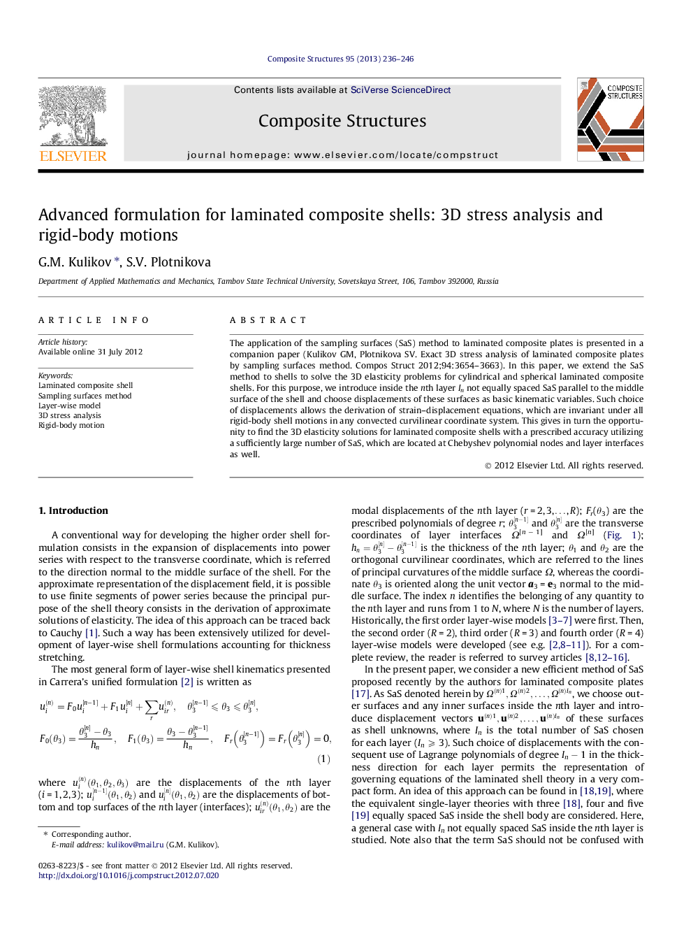 Advanced formulation for laminated composite shells: 3D stress analysis and rigid-body motions