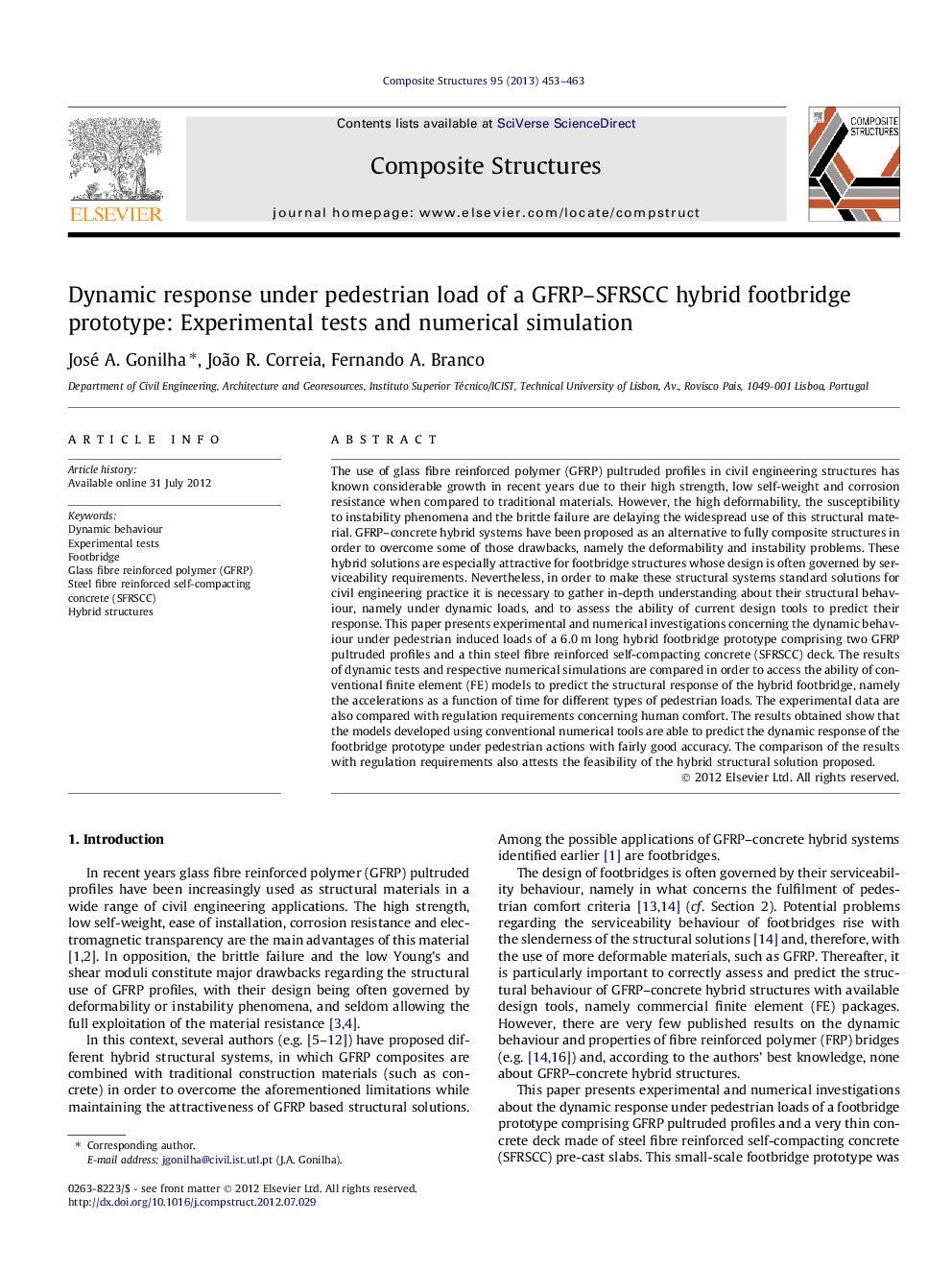 Dynamic response under pedestrian load of a GFRP–SFRSCC hybrid footbridge prototype: Experimental tests and numerical simulation