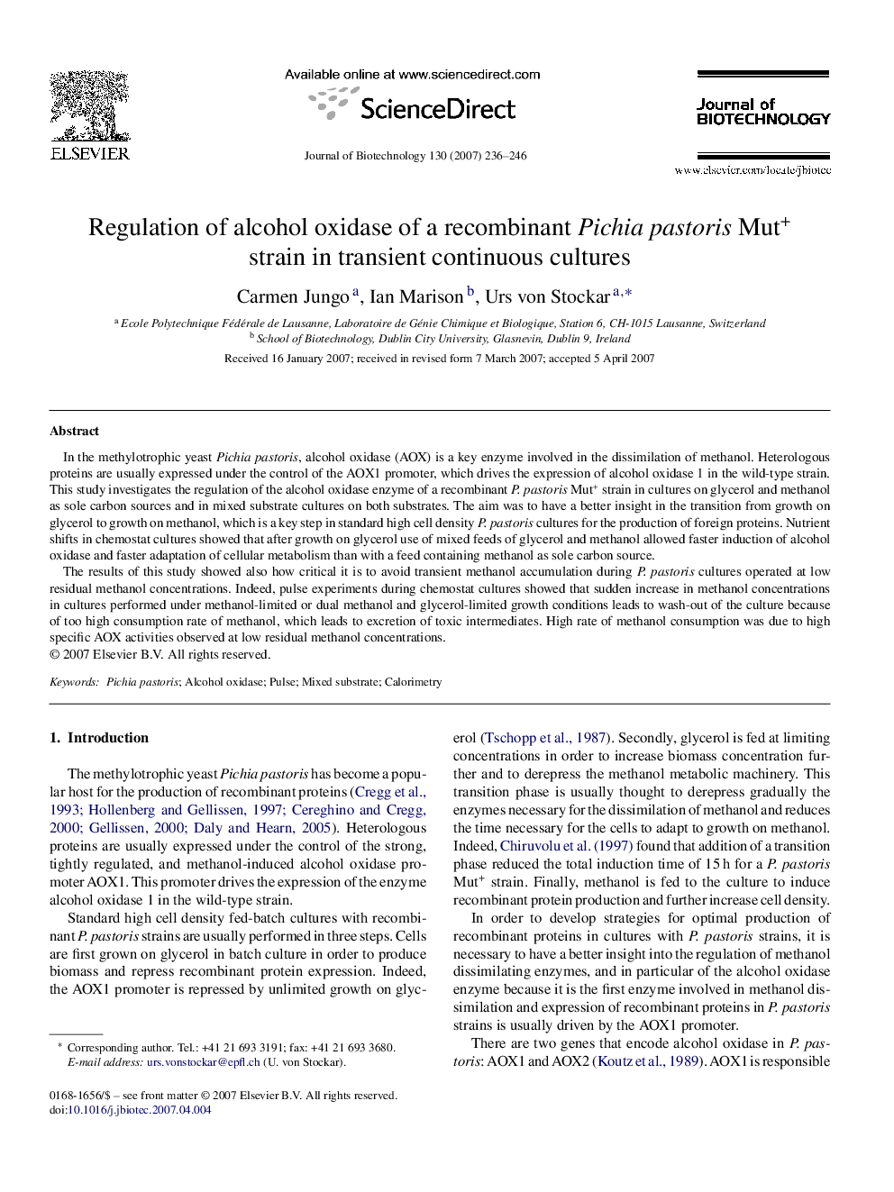 عکس صفحه اول مقاله: Regulation of alcohol oxidase of a recombinant Pichia pastoris Mut+ strain in transient continuous cultures Regulation of alcohol oxidase of a recombinant Pichia pastoris Mut+ strain in transient continuous cultures