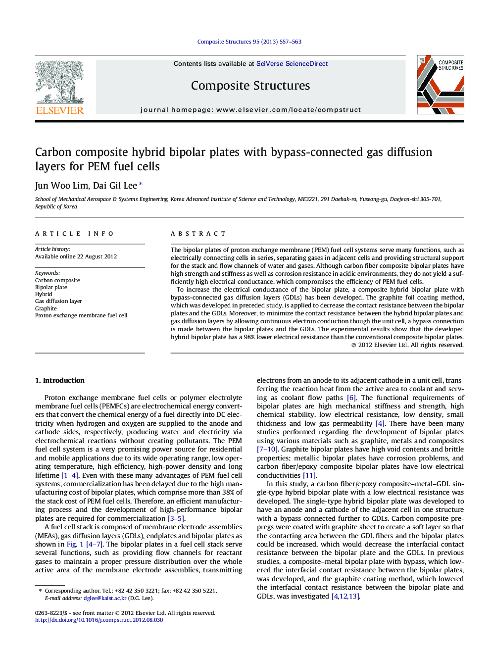 Carbon composite hybrid bipolar plates with bypass-connected gas diffusion layers for PEM fuel cells