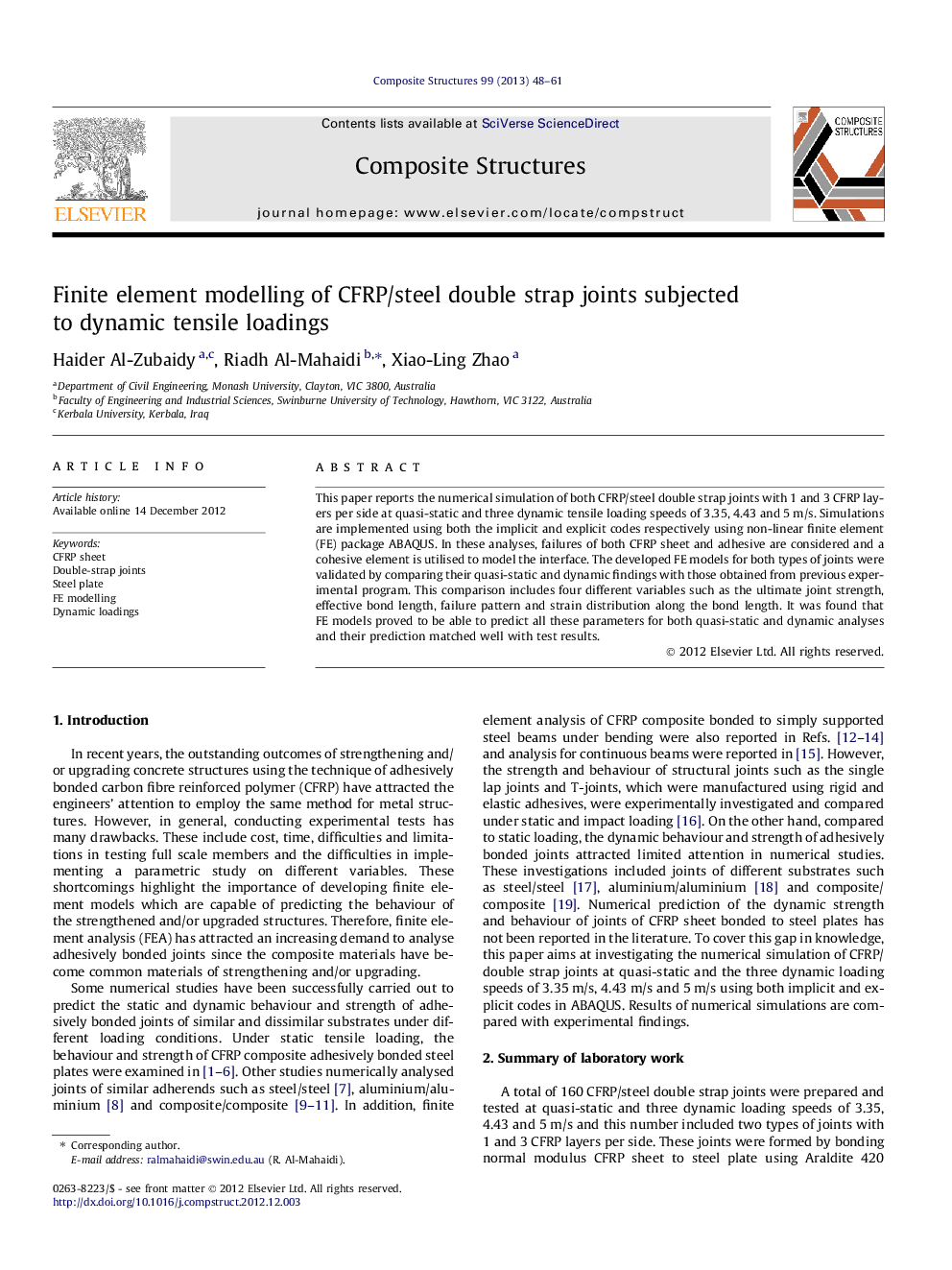 Finite element modelling of CFRP/steel double strap joints subjected to dynamic tensile loadings