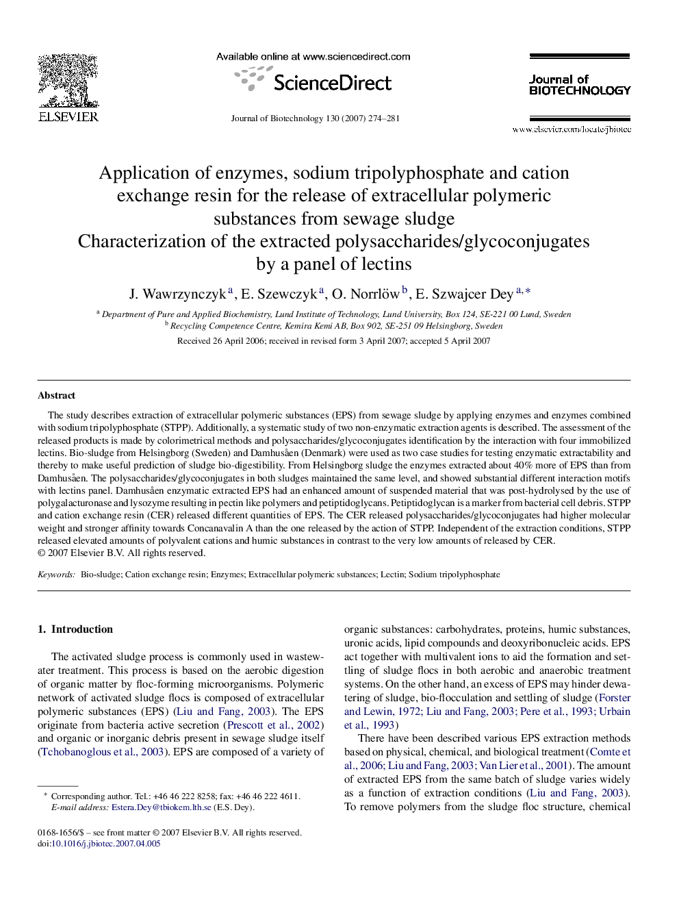 Application of enzymes, sodium tripolyphosphate and cation exchange resin for the release of extracellular polymeric substances from sewage sludge: Characterization of the extracted polysaccharides/glycoconjugates by a panel of lectins