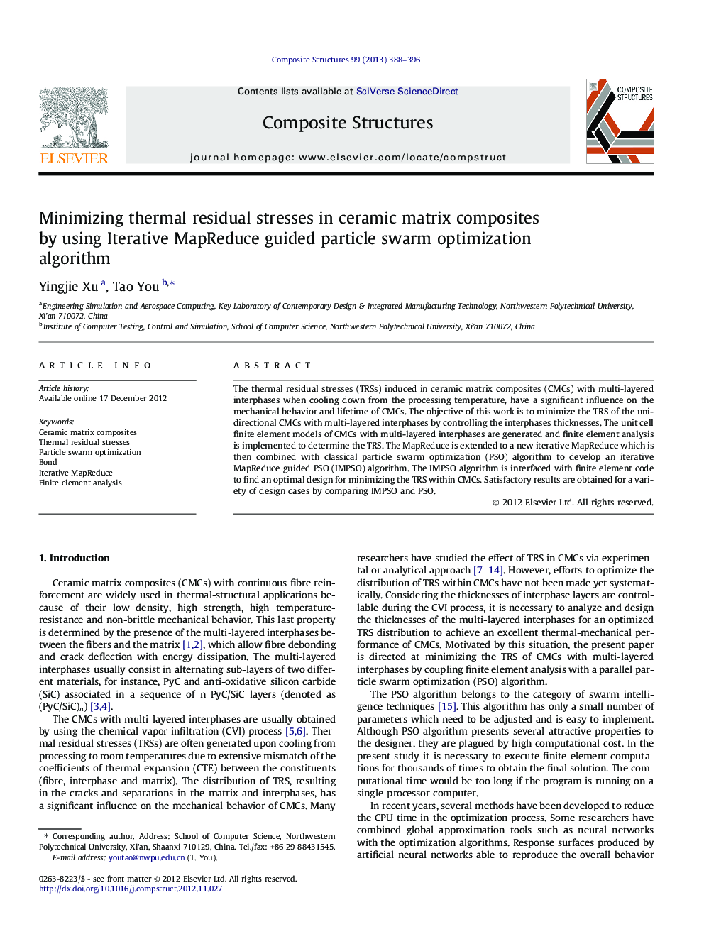عکس صفحه اول مقاله: Minimizing thermal residual stresses in ceramic matrix composites by using Iterative MapReduce guided particle swarm optimization algorithm Minimizing thermal residual stresses in ceramic matrix composites by using Iterative MapReduce guided particle swarm optimization algorithm