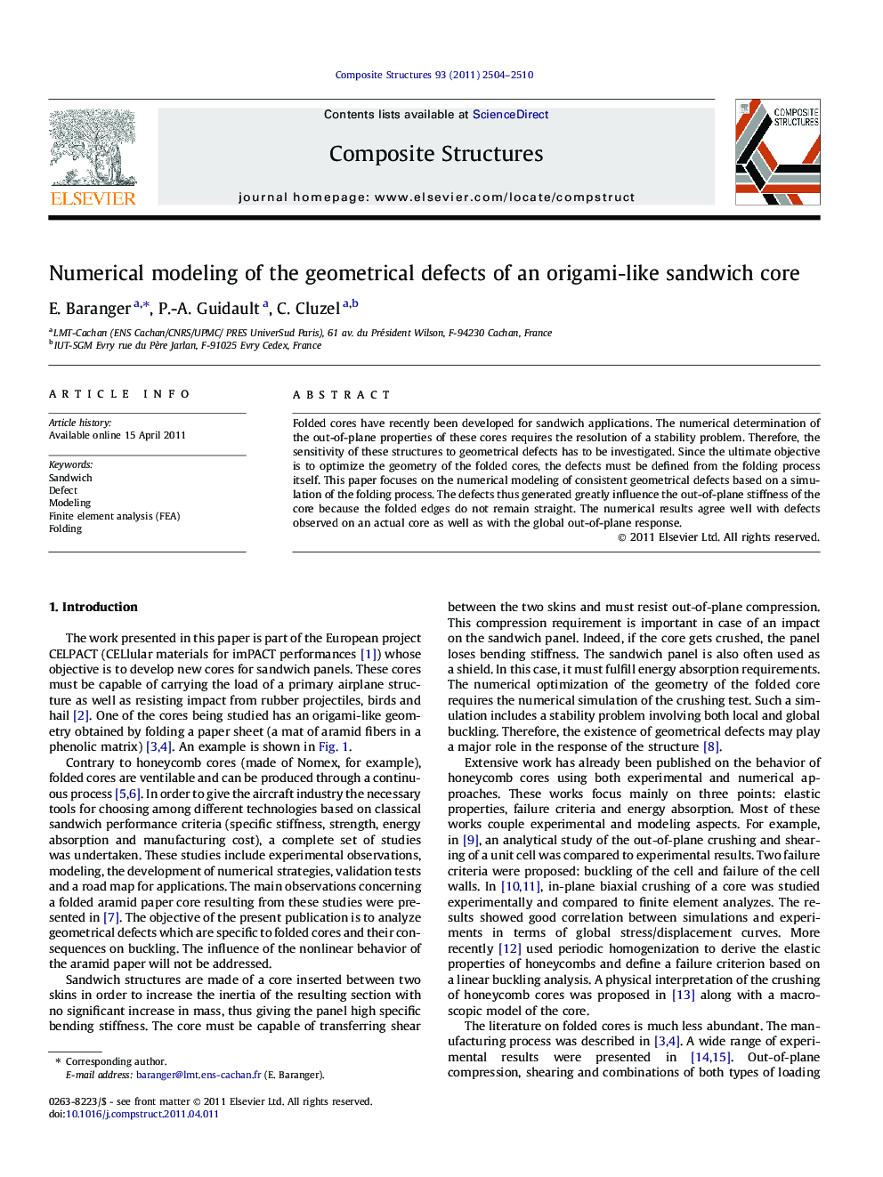 Numerical modeling of the geometrical defects of an origami-like sandwich core