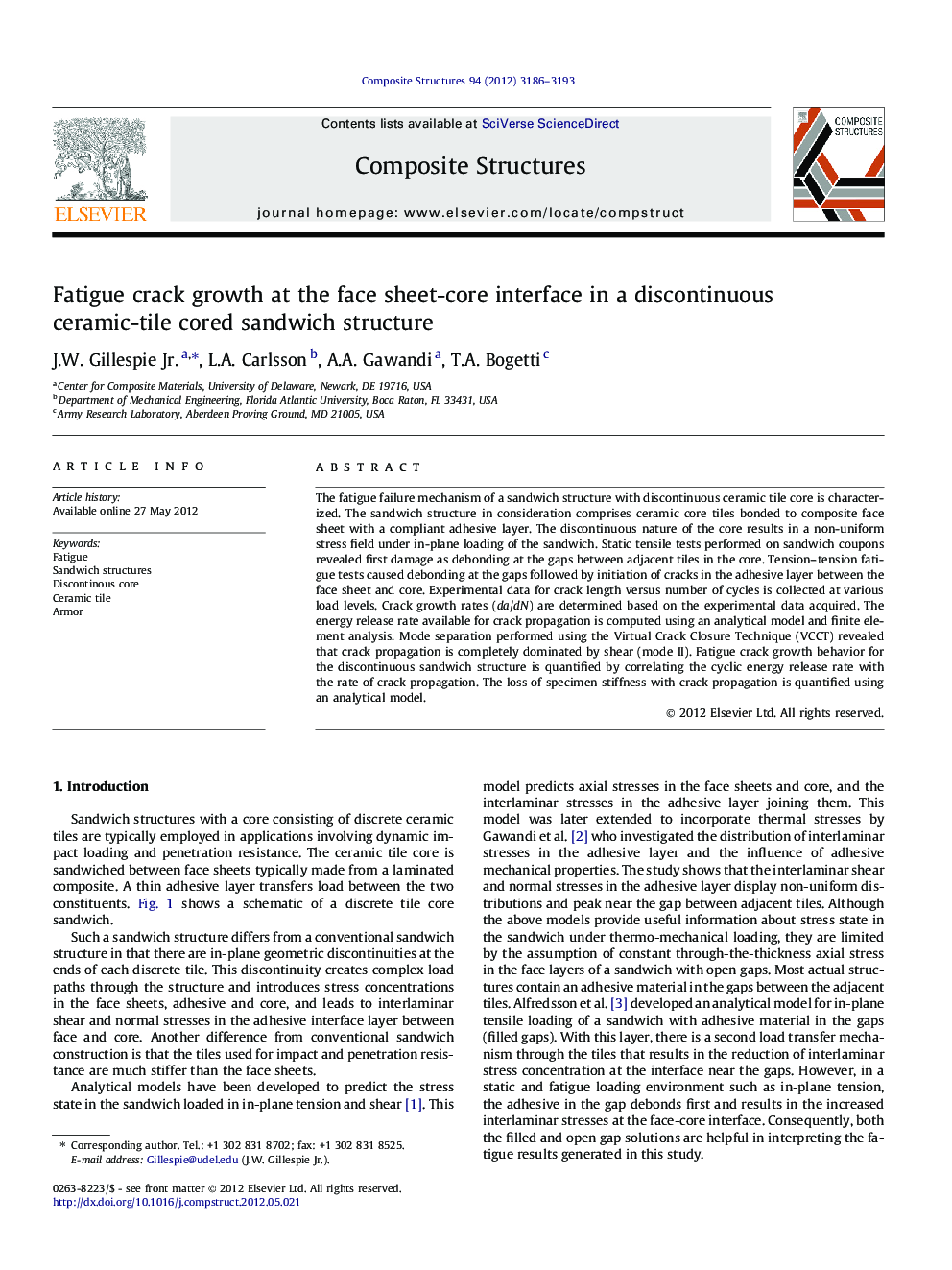 Fatigue crack growth at the face sheet-core interface in a discontinuous ceramic-tile cored sandwich structure