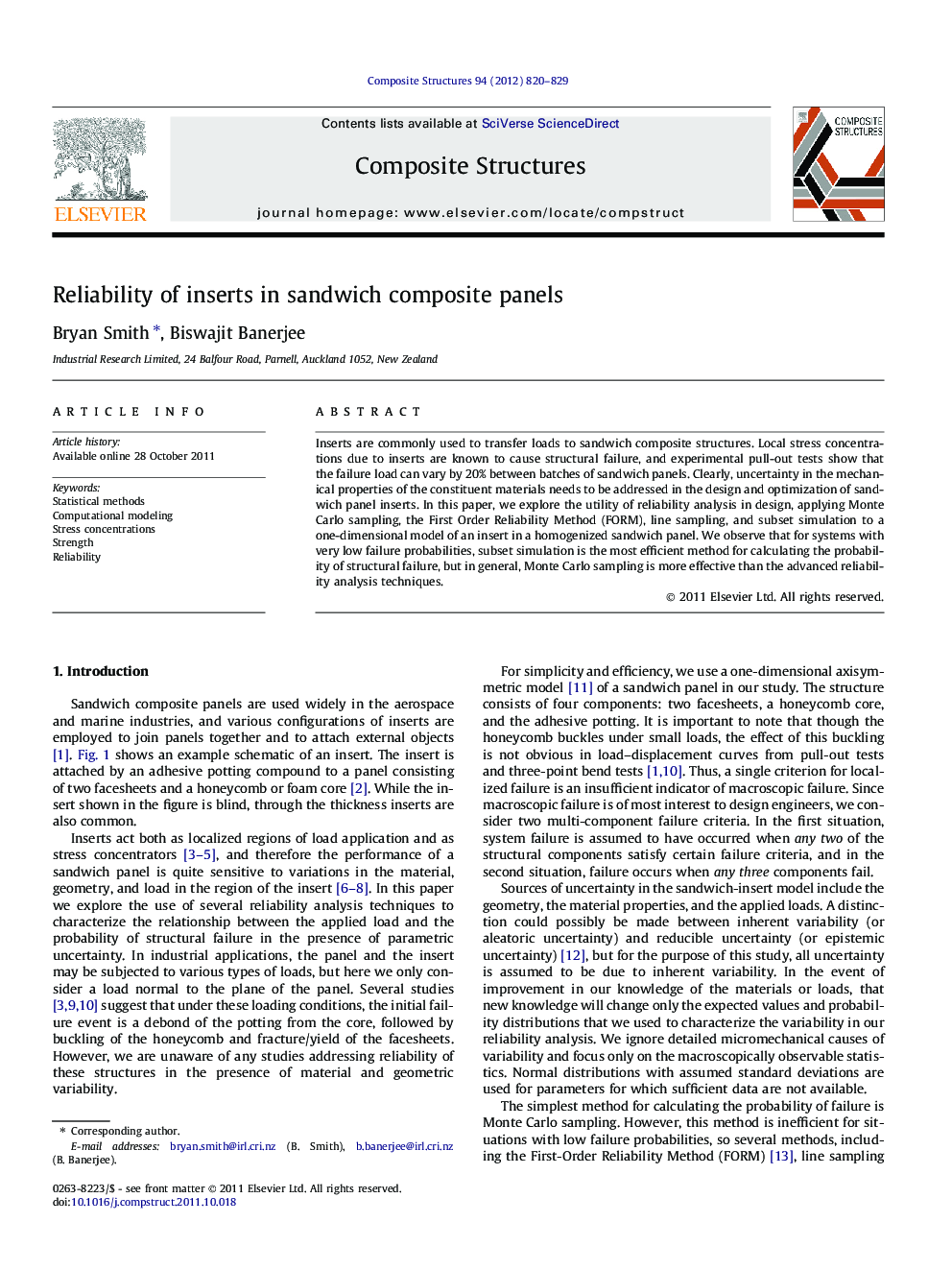 Reliability of inserts in sandwich composite panels