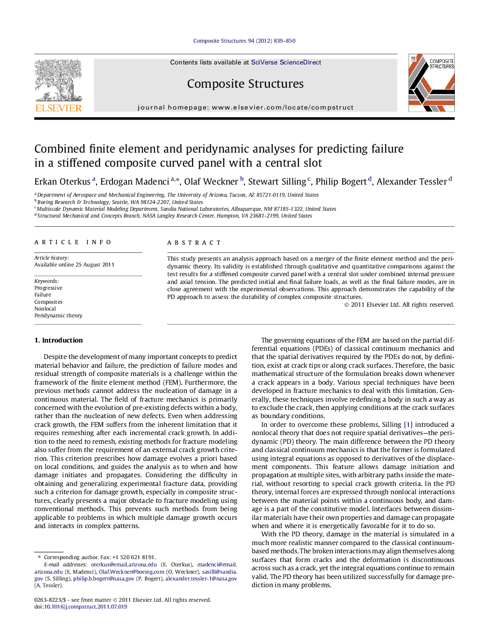 عکس صفحه اول مقاله: Combined finite element and peridynamic analyses for predicting failure in a stiffened composite curved panel with a central slot Combined finite element and peridynamic analyses for predicting failure in a stiffened composite curved panel with a central slot