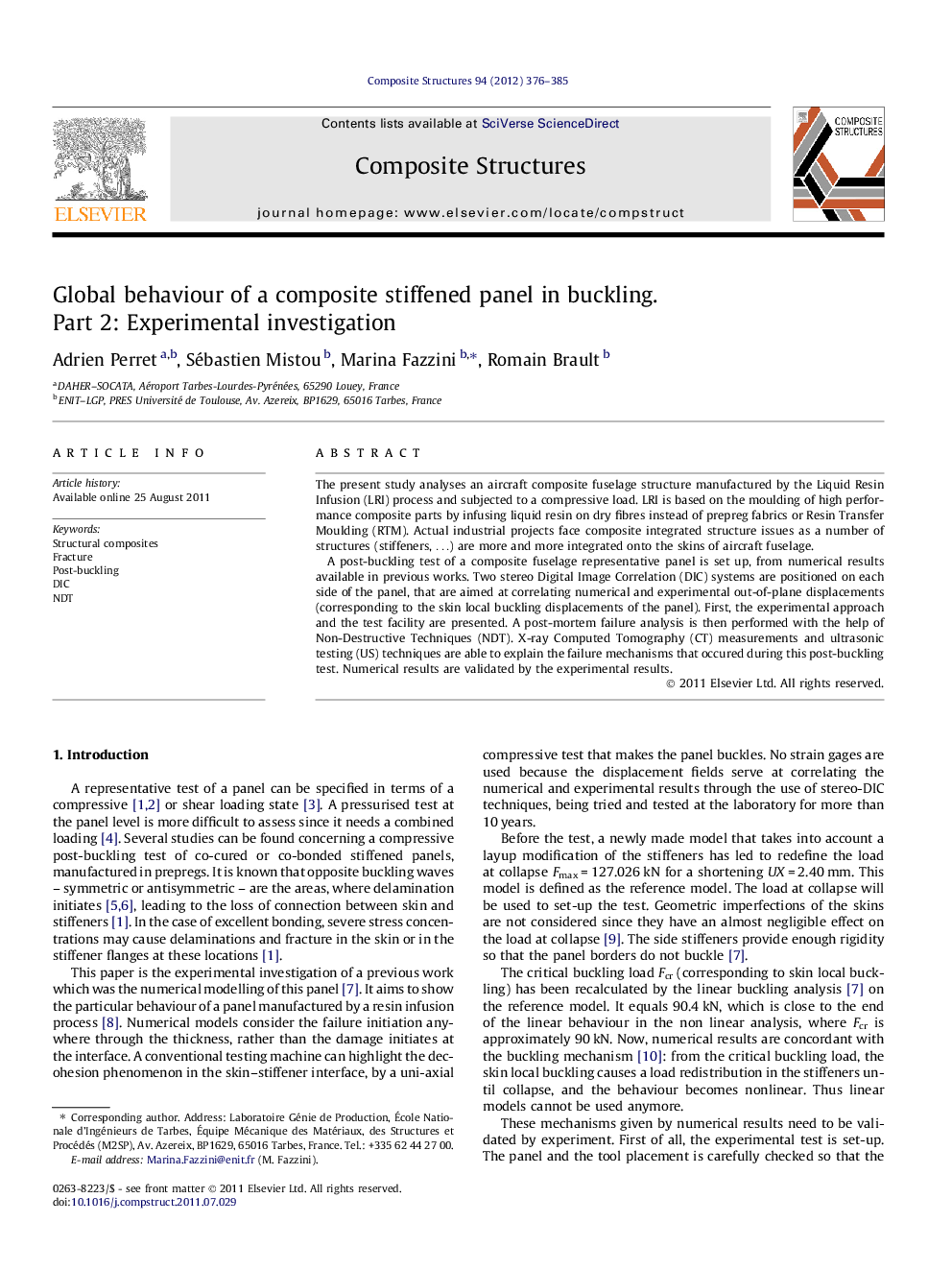 Global behaviour of a composite stiffened panel in buckling. Part 2: Experimental investigation