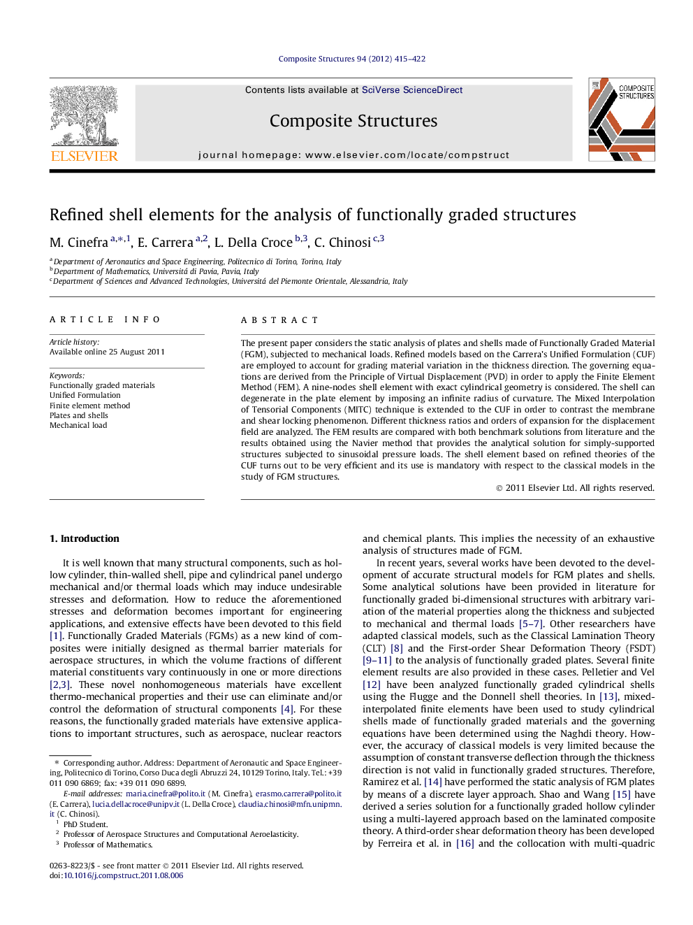 عکس صفحه اول مقاله: Refined shell elements for the analysis of functionally graded structures Refined shell elements for the analysis of functionally graded structures
