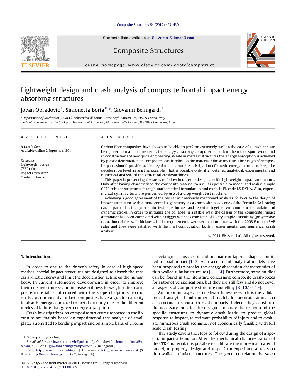 Lightweight design and crash analysis of composite frontal impact energy absorbing structures