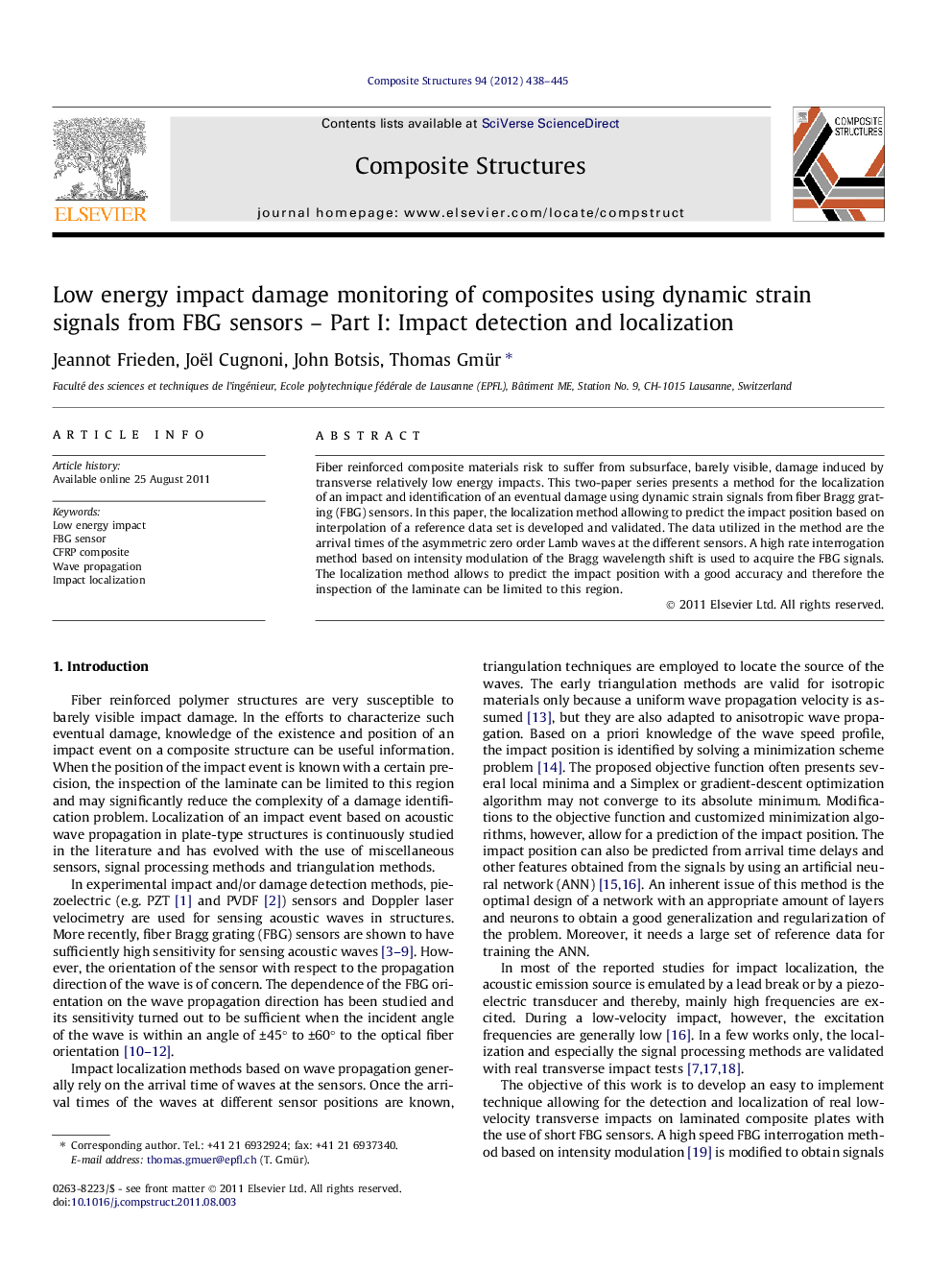 Low energy impact damage monitoring of composites using dynamic strain signals from FBG sensors – Part I: Impact detection and localization