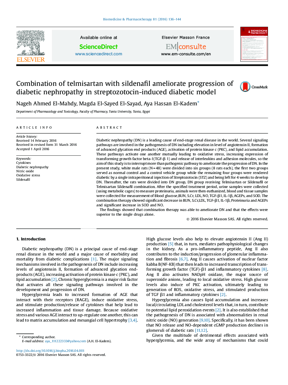 ترکیب تلومیسارتان با پیشرفت سیلدنافیل نفروپاتی دیابتی در مدل دیابتی ناشی از استرپتوزوتوسین 