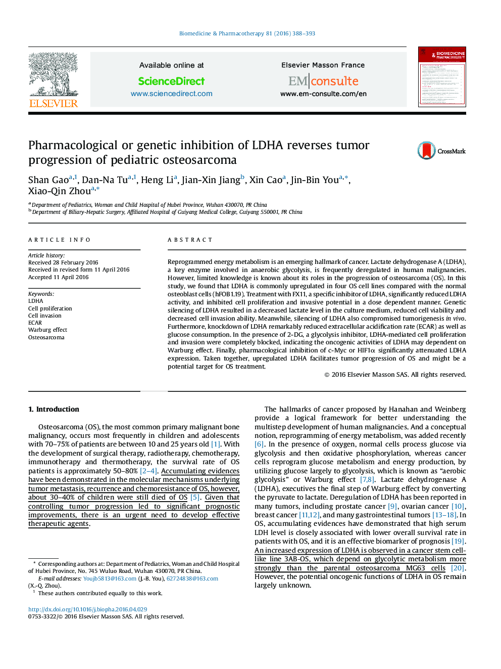 Pharmacological or genetic inhibition of LDHA reverses tumor progression of pediatric osteosarcoma