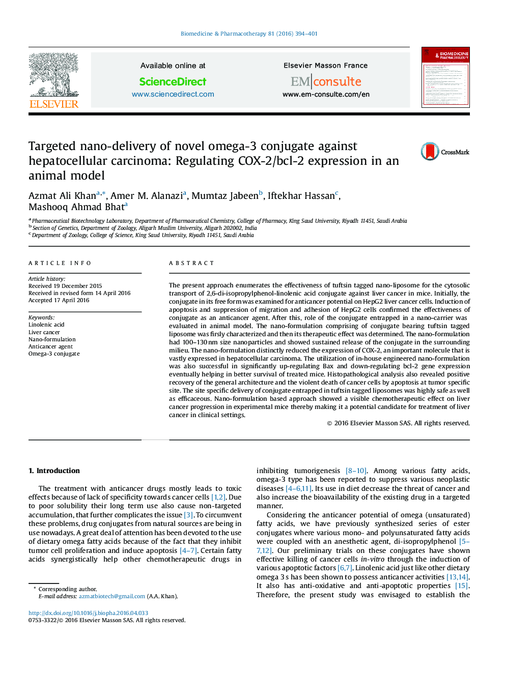 Targeted nano-delivery of novel omega-3 conjugate against hepatocellular carcinoma: Regulating COX-2/bcl-2 expression in an animal model