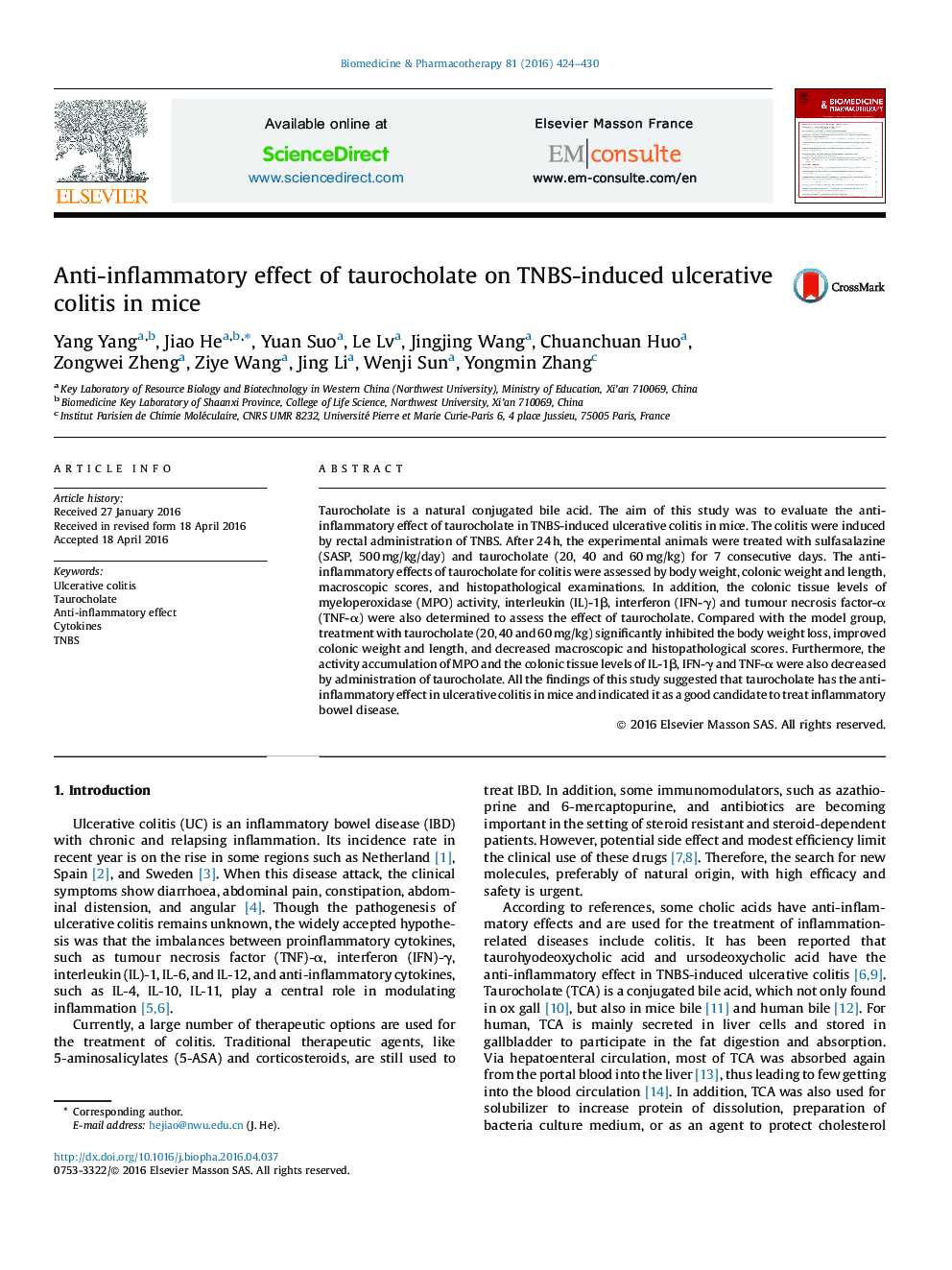 Anti-inflammatory effect of taurocholate on TNBS-induced ulcerative colitis in mice