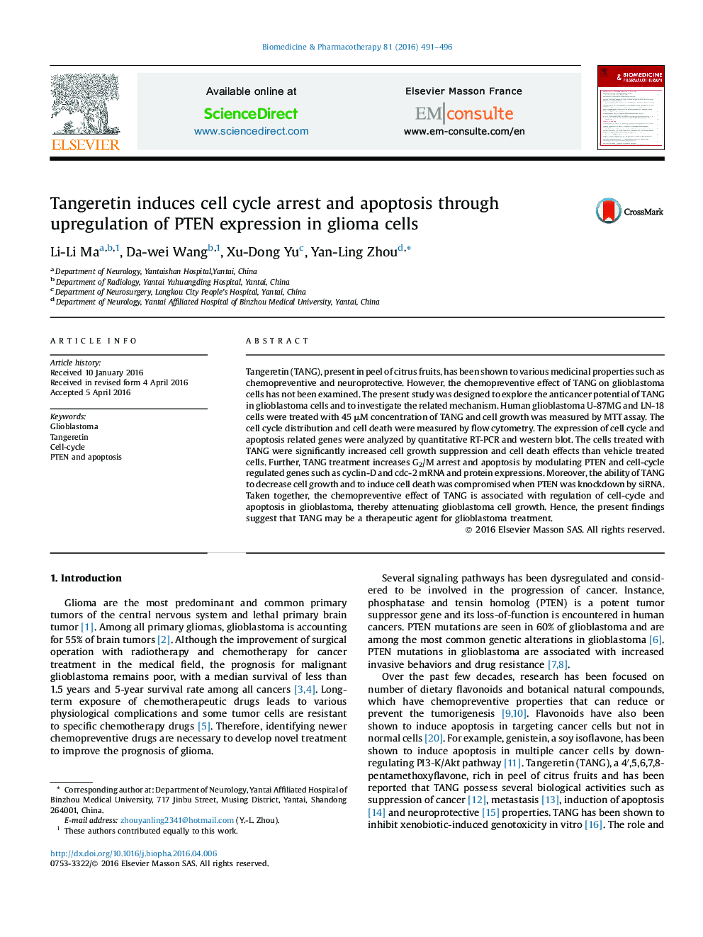 Tangeretin induces cell cycle arrest and apoptosis through upregulation of PTEN expression in glioma cells