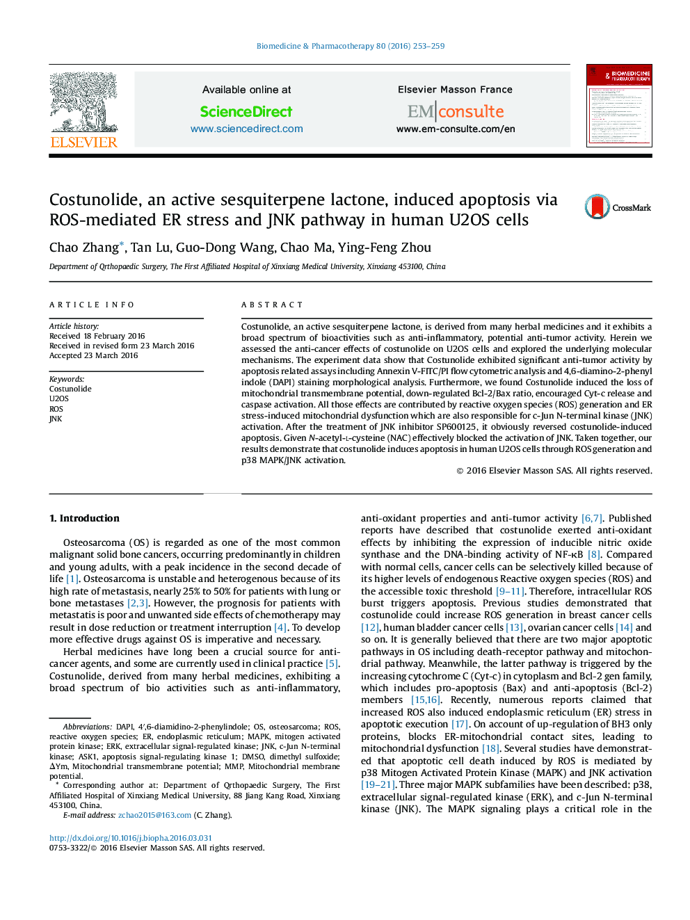 Costunolide, an active sesquiterpene lactone, induced apoptosis via ROS-mediated ER stress and JNK pathway in human U2OS cells