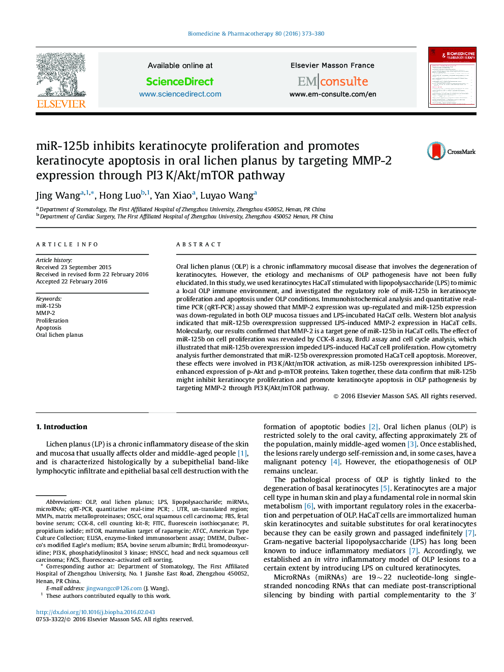 miR-125b inhibits keratinocyte proliferation and promotes keratinocyte apoptosis in oral lichen planus by targeting MMP-2 expression through PI3 K/Akt/mTOR pathway