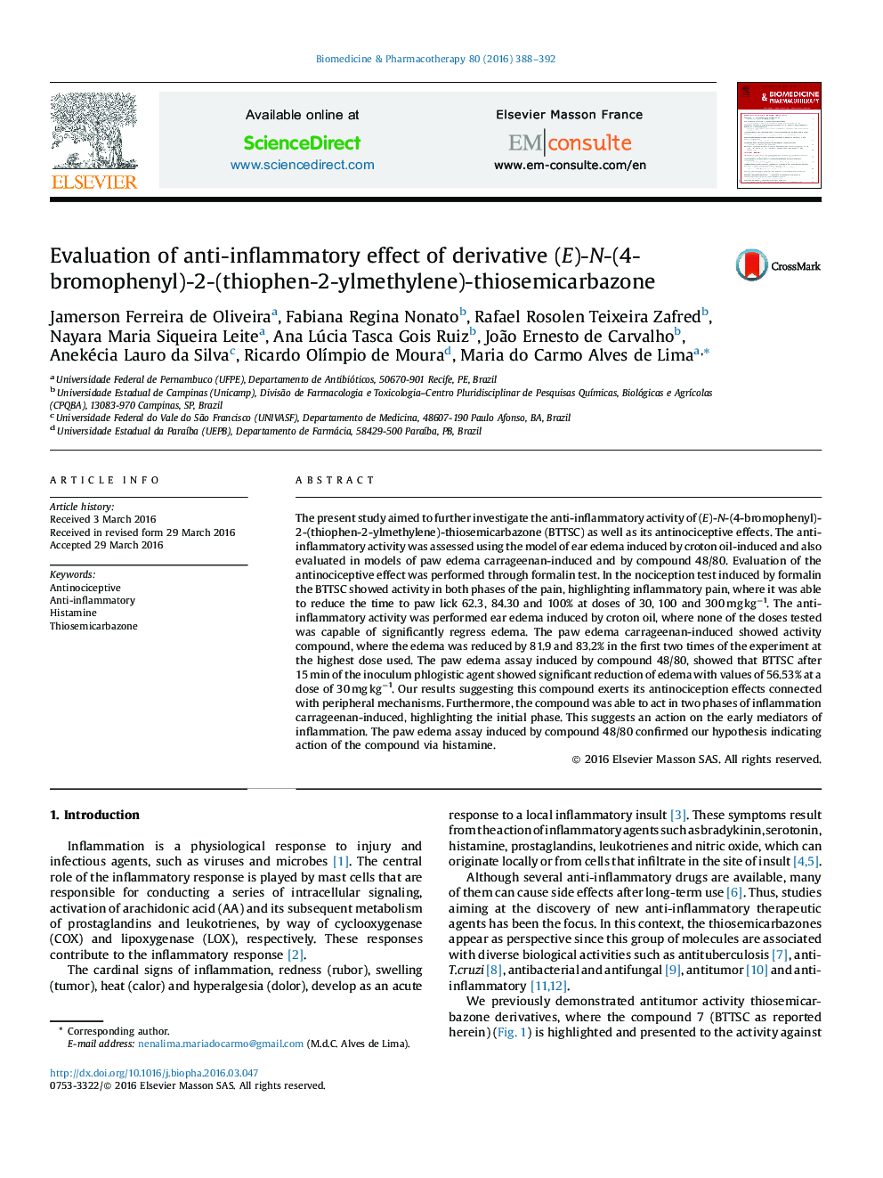 Evaluation of anti-inflammatory effect of derivative (E)-N-(4-bromophenyl)-2-(thiophen-2-ylmethylene)-thiosemicarbazone