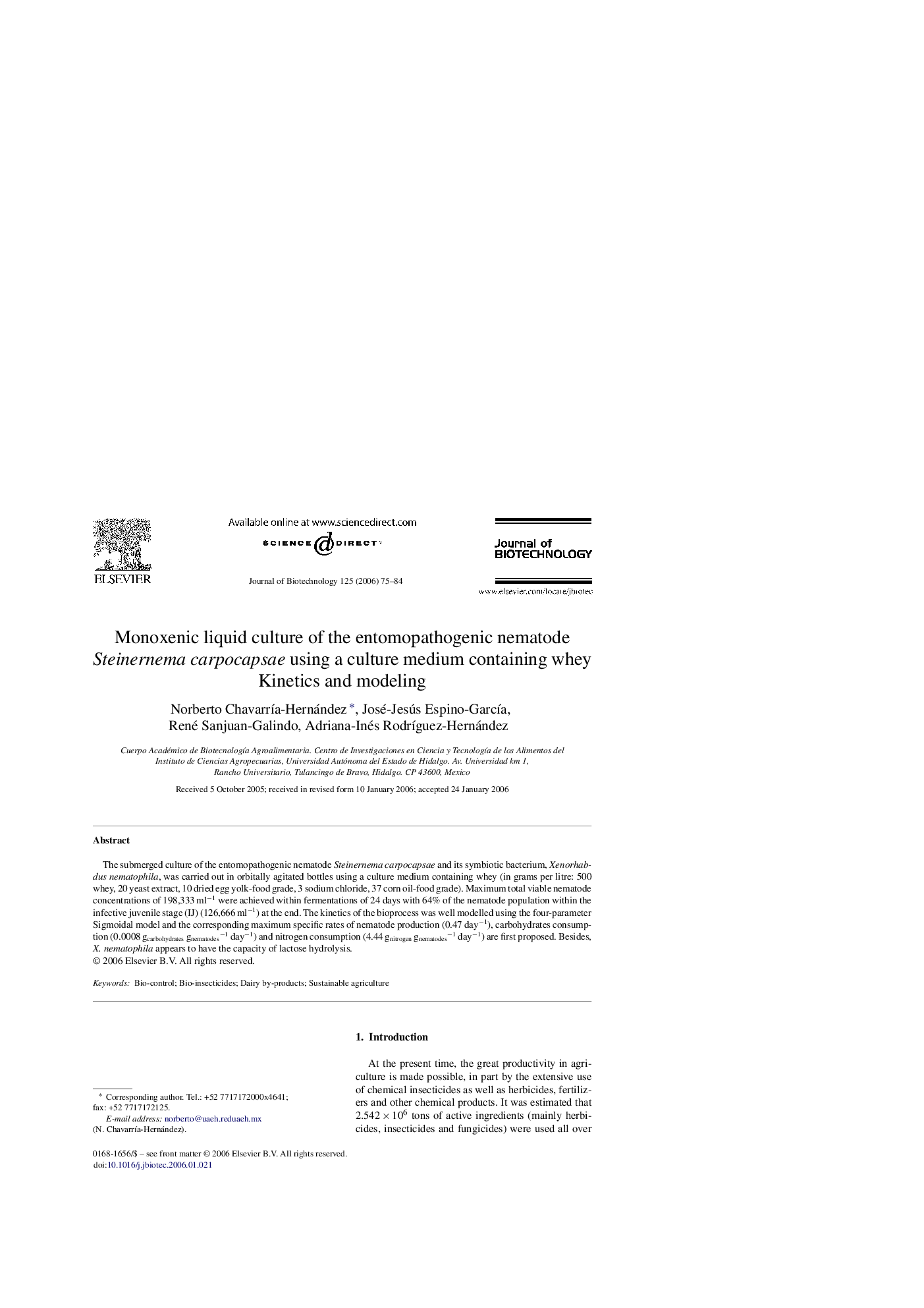 عکس صفحه اول مقاله: Monoxenic liquid culture of the entomopathogenic nematode Steinernema carpocapsae using a culture medium containing whey: Kinetics and modeling Monoxenic liquid culture of the entomopathogenic nematode Steinernema carpocapsae using a culture medium containing whey: Kinetics and modeling