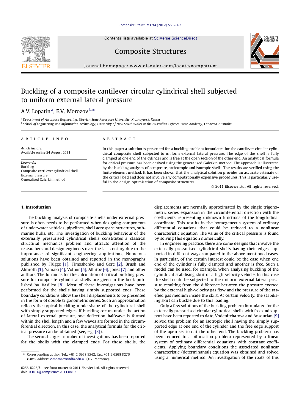 Buckling of a composite cantilever circular cylindrical shell subjected to uniform external lateral pressure