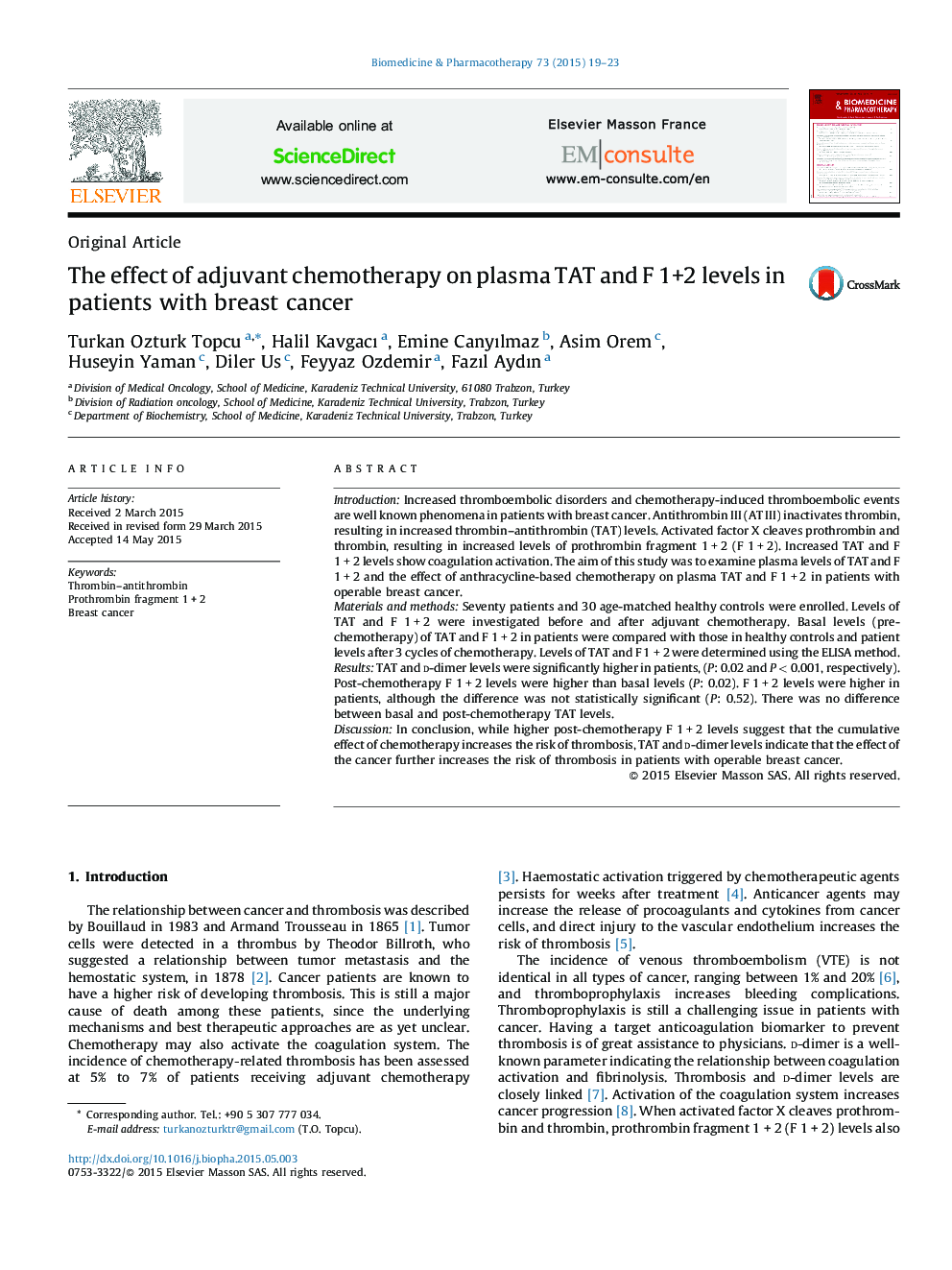 The effect of adjuvant chemotherapy on plasma TAT and F 1+2 levels in patients with breast cancer