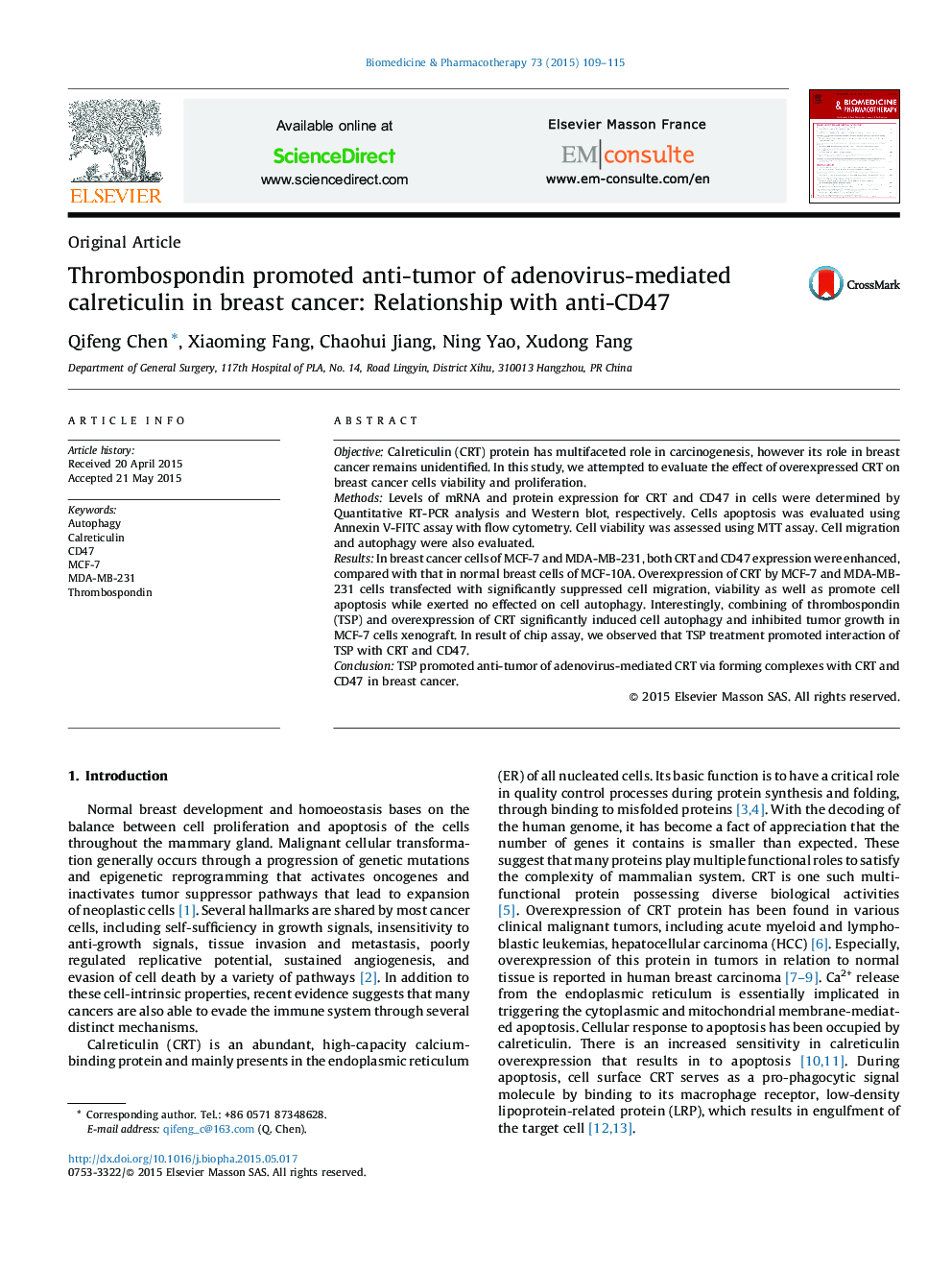 Thrombospondin promoted anti-tumor of adenovirus-mediated calreticulin in breast cancer: Relationship with anti-CD47