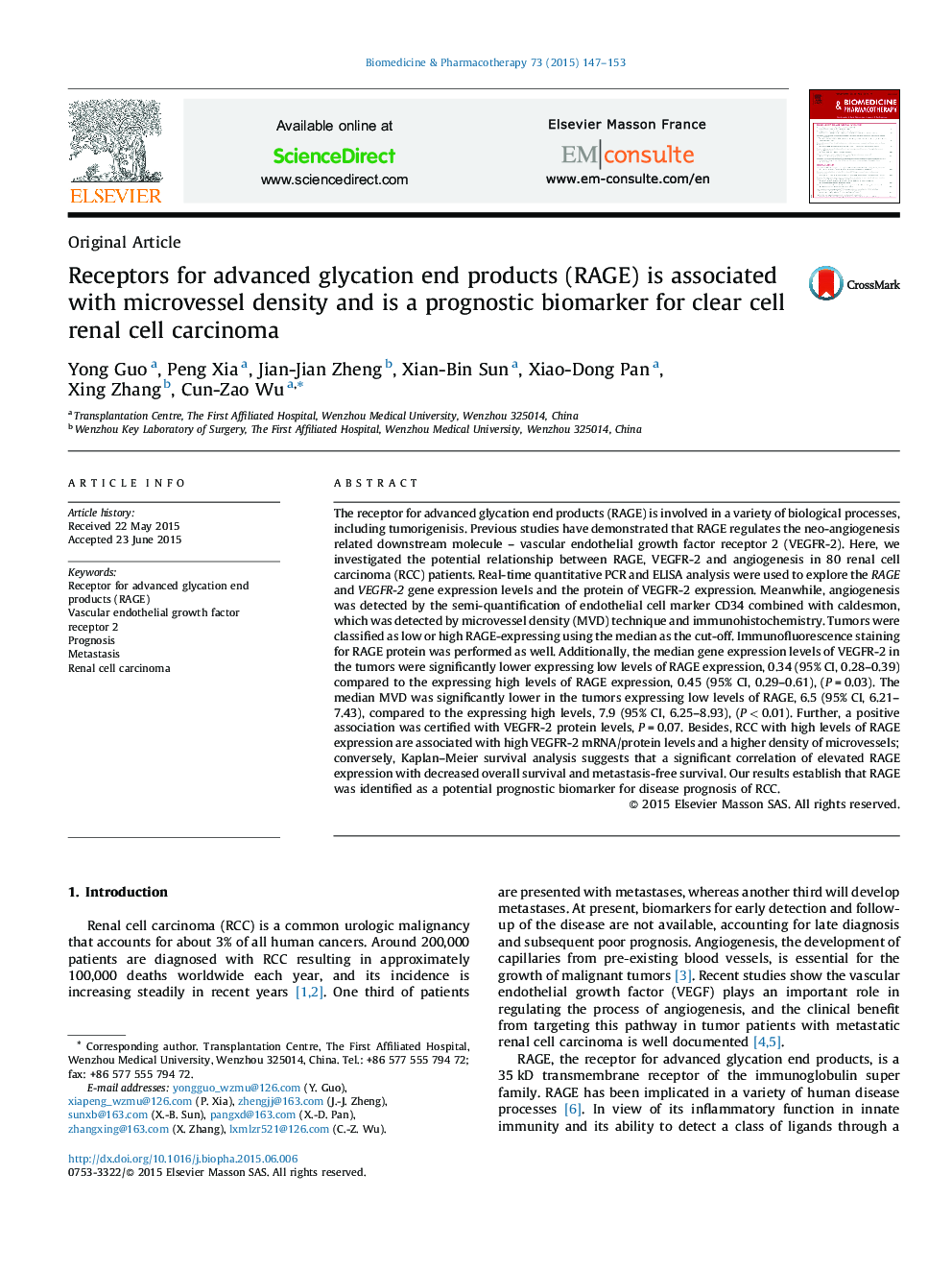 Receptors for advanced glycation end products (RAGE) is associated with microvessel density and is a prognostic biomarker for clear cell renal cell carcinoma