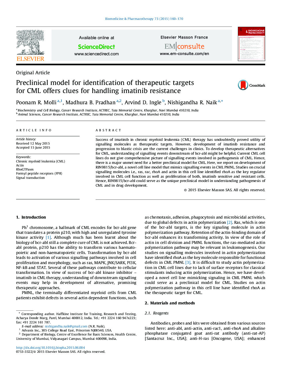 Preclinical model for identification of therapeutic targets for CML offers clues for handling imatinib resistance