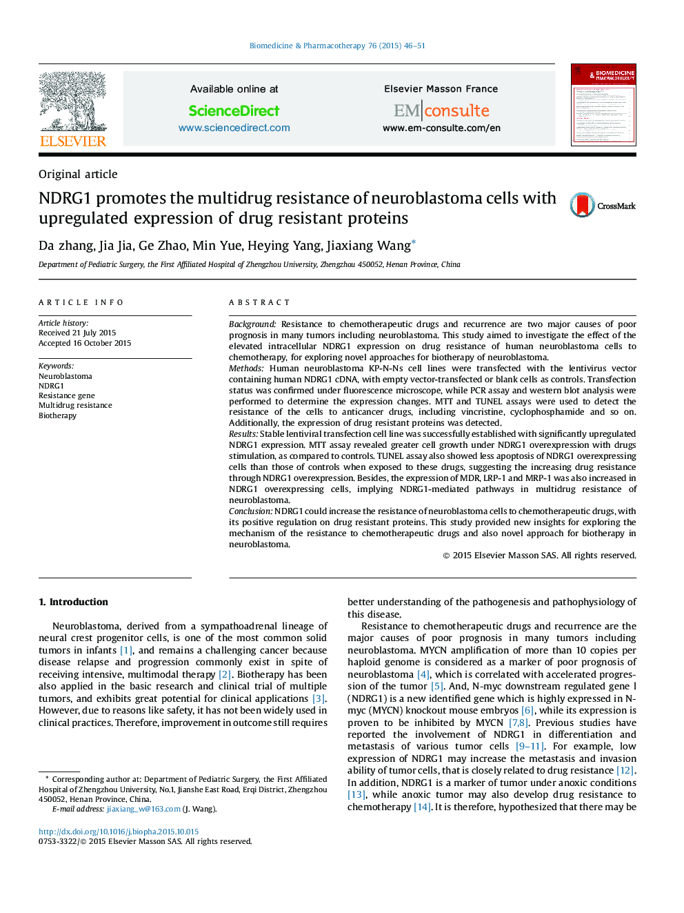 NDRG1 promotes the multidrug resistance of neuroblastoma cells with upregulated expression of drug resistant proteins