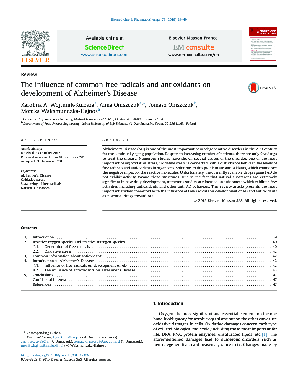 The influence of common free radicals and antioxidants on development of Alzheimer’s Disease