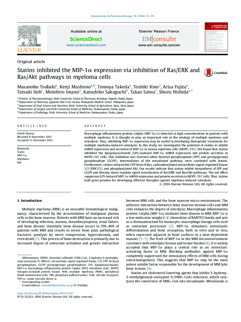 Statins inhibited the MIP-1α expression via inhibition of Ras/ERK and Ras/Akt pathways in myeloma cells