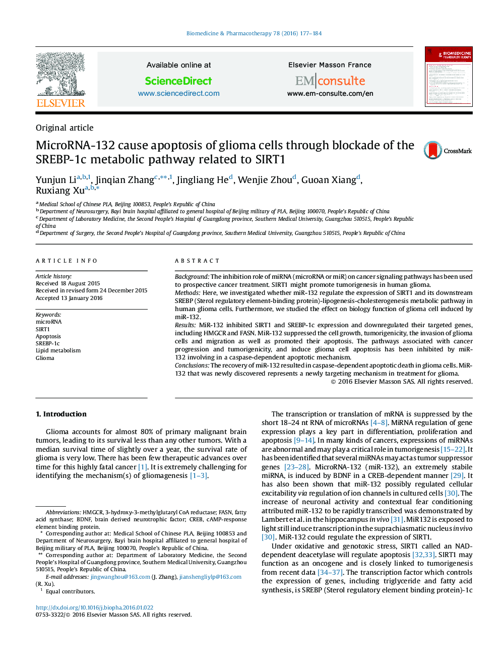 MicroRNA-132 cause apoptosis of glioma cells through blockade of the SREBP-1c metabolic pathway related to SIRT1