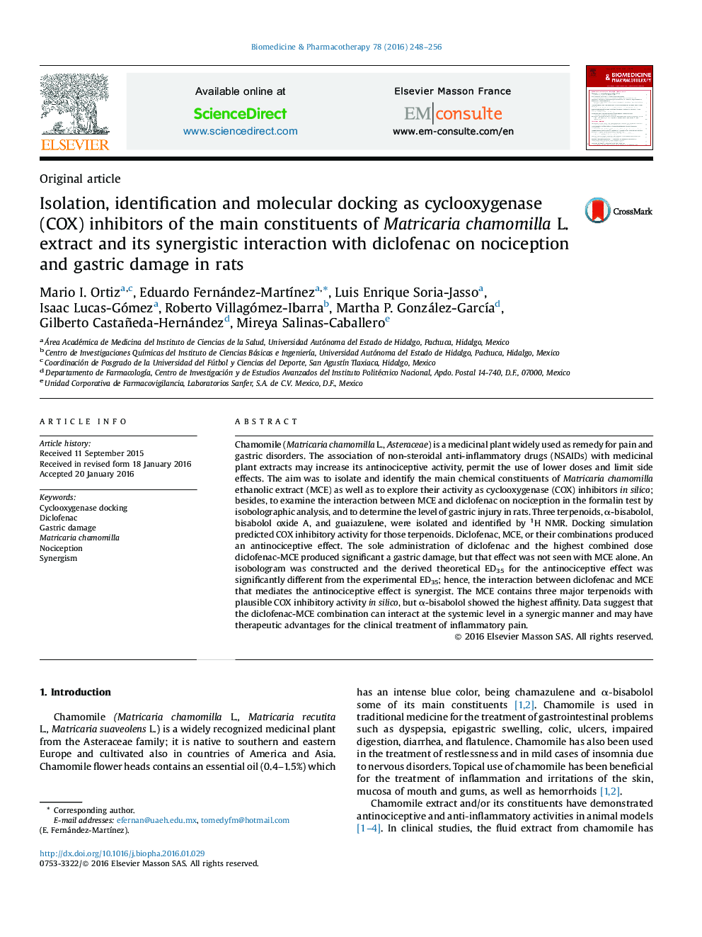 Isolation, identification and molecular docking as cyclooxygenase (COX) inhibitors of the main constituents of Matricaria chamomilla L. extract and its synergistic interaction with diclofenac on nociception and gastric damage in rats