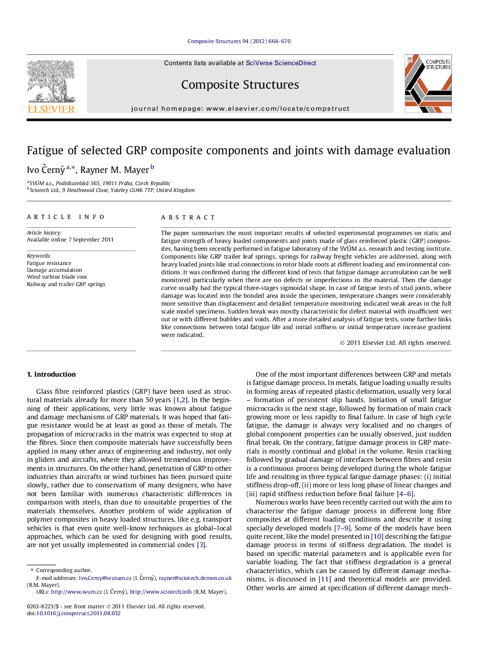 Fatigue of selected GRP composite components and joints with damage evaluation