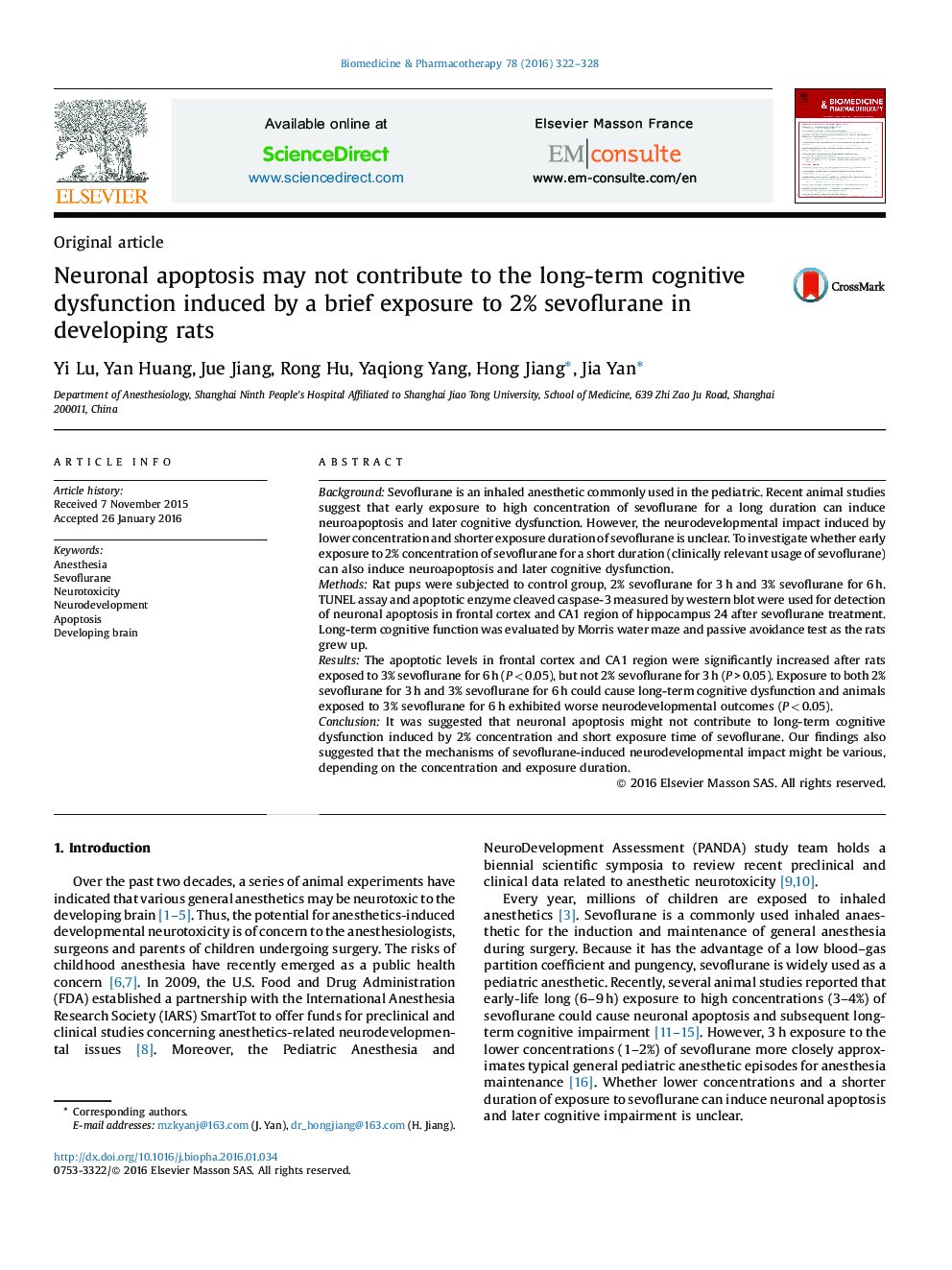 Neuronal apoptosis may not contribute to the long-term cognitive dysfunction induced by a brief exposure to 2% sevoflurane in developing rats