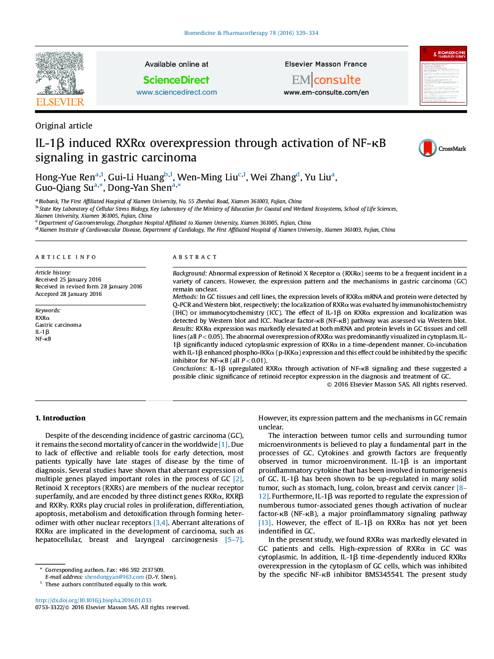 IL-1β induced RXRα overexpression through activation of NF-κB signaling in gastric carcinoma