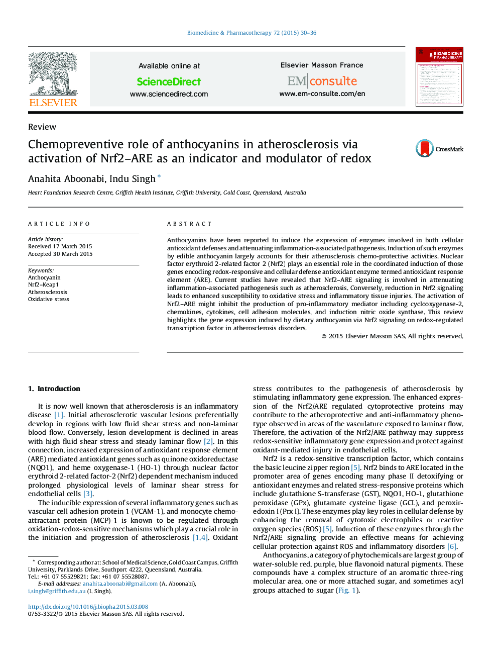 Chemopreventive role of anthocyanins in atherosclerosis via activation of Nrf2–ARE as an indicator and modulator of redox