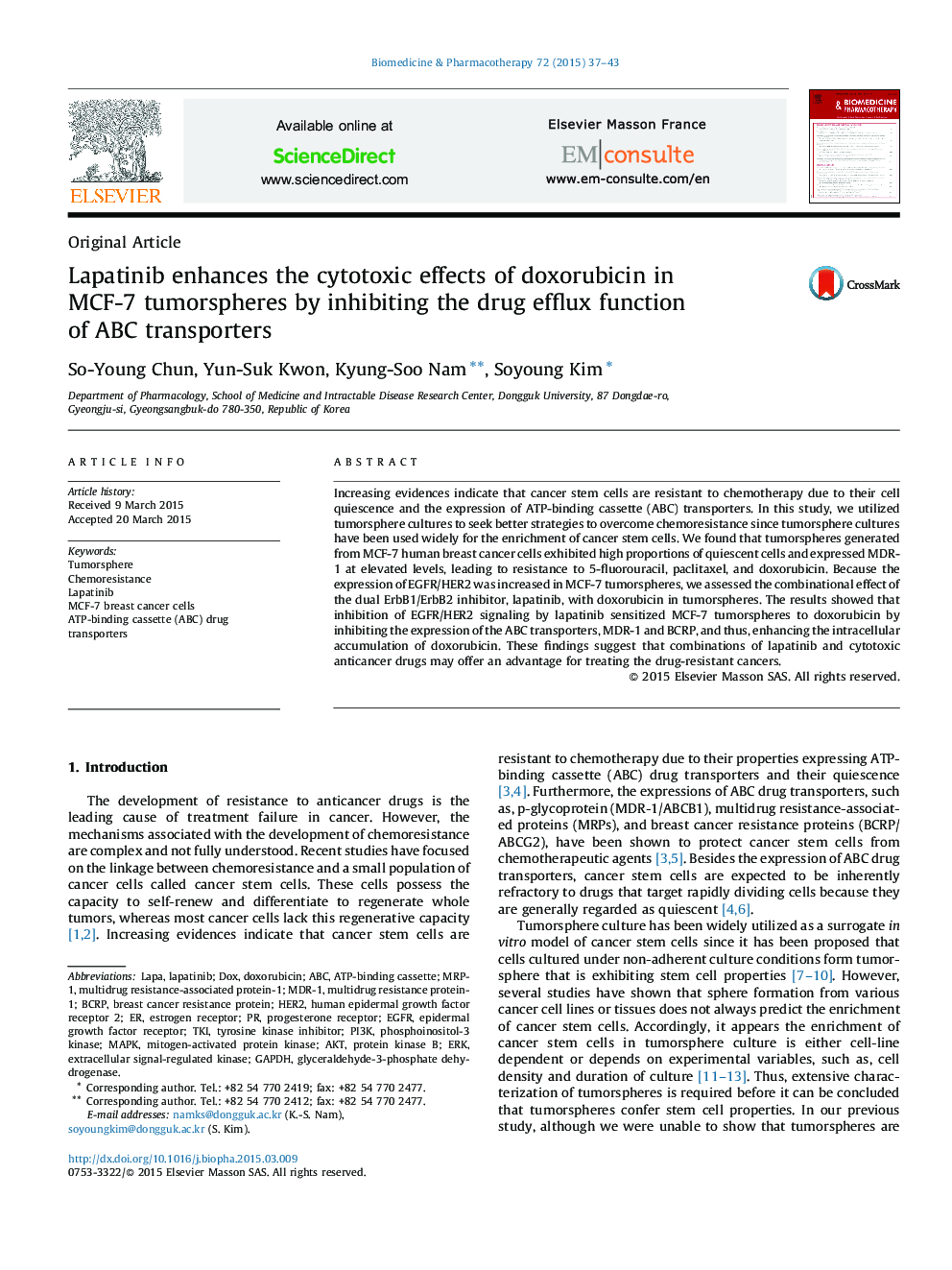 Lapatinib enhances the cytotoxic effects of doxorubicin in MCF-7 tumorspheres by inhibiting the drug efflux function of ABC transporters