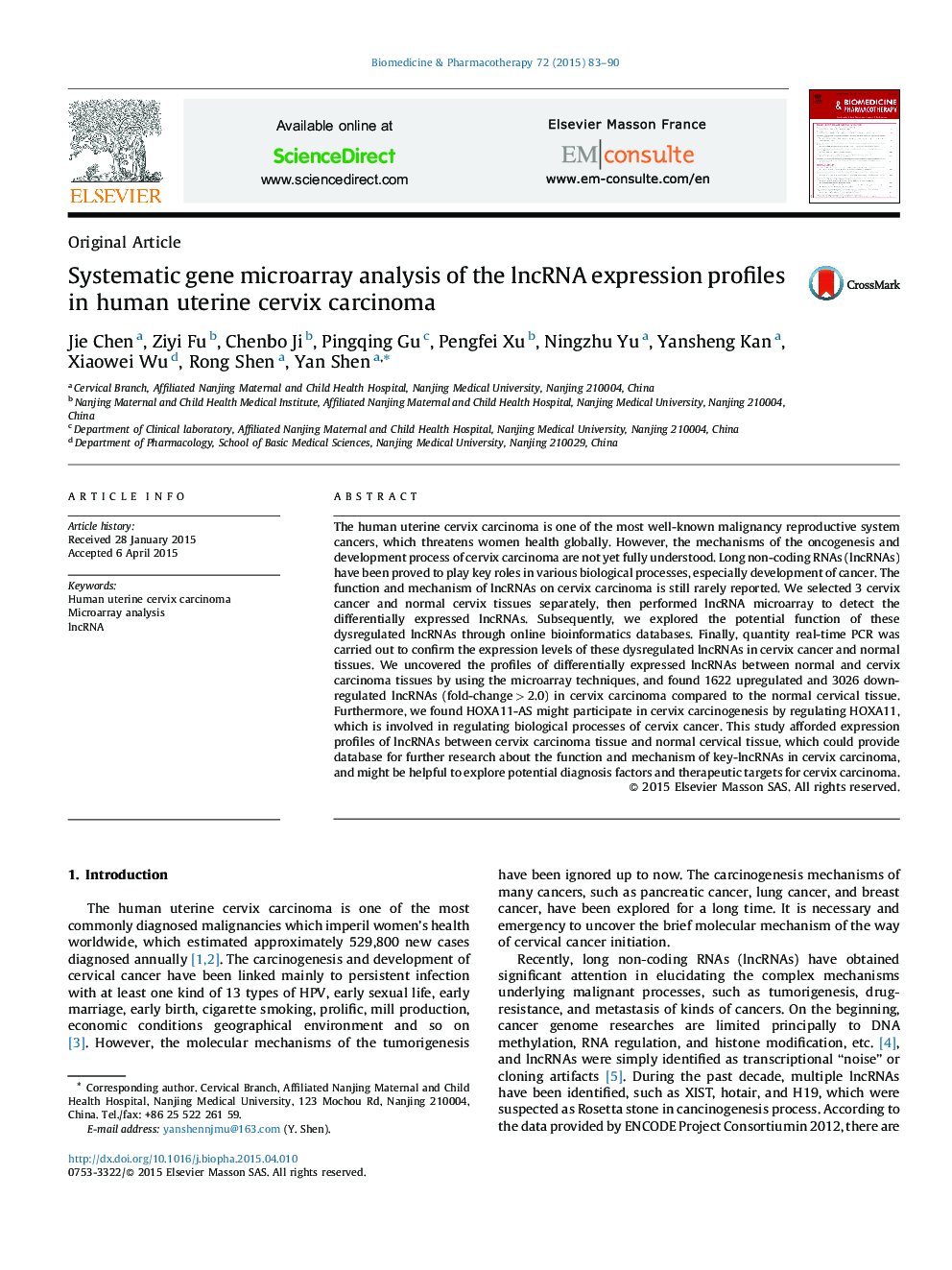 Systematic gene microarray analysis of the lncRNA expression profiles in human uterine cervix carcinoma