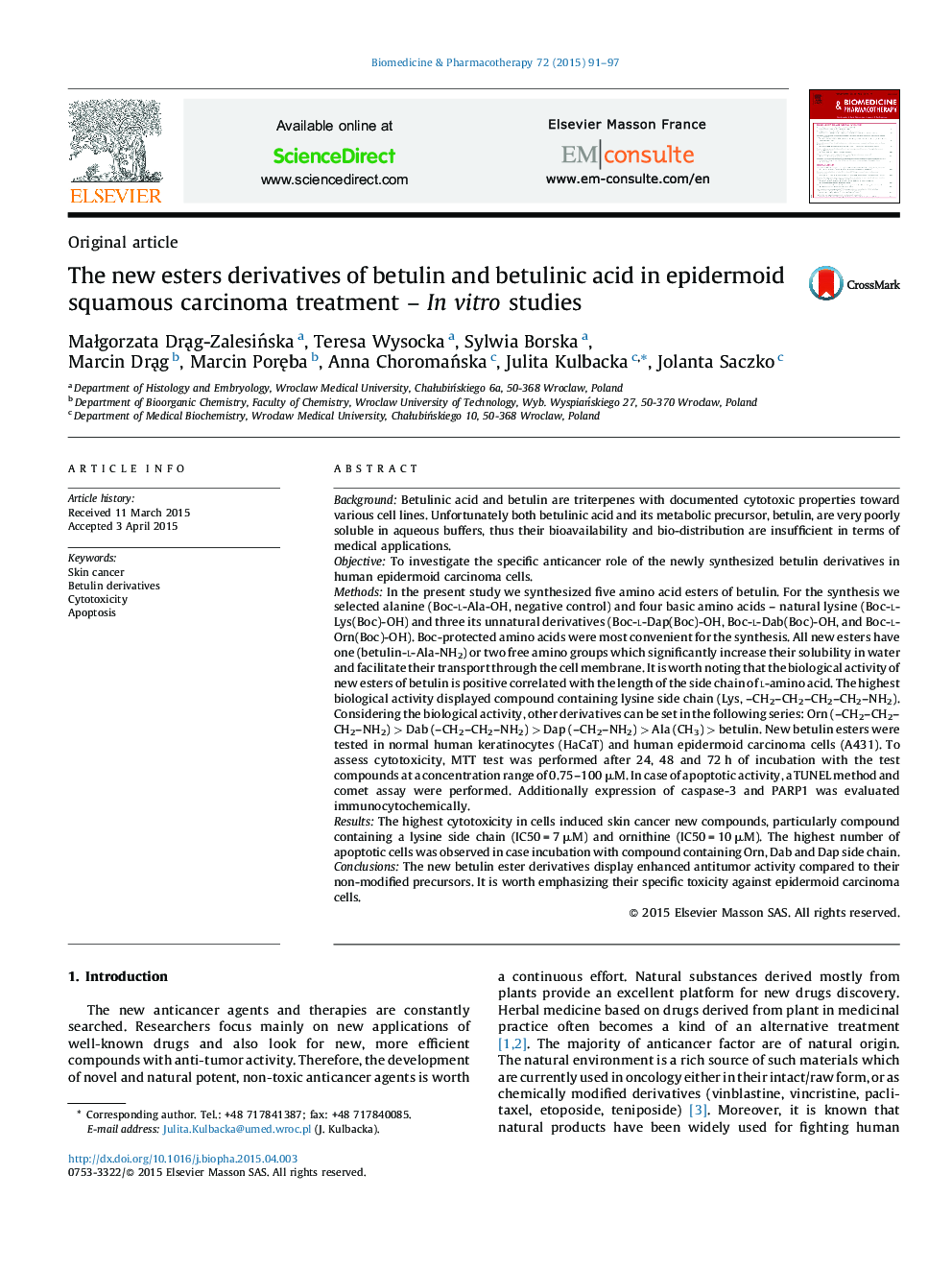 The new esters derivatives of betulin and betulinic acid in epidermoid squamous carcinoma treatment – In vitro studies