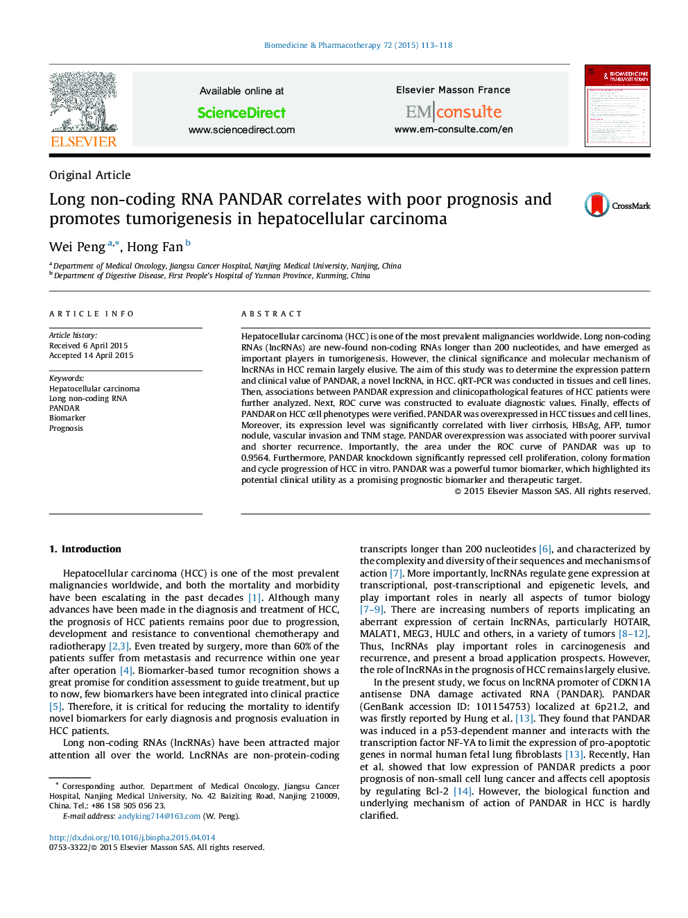 Long non-coding RNA PANDAR correlates with poor prognosis and promotes tumorigenesis in hepatocellular carcinoma