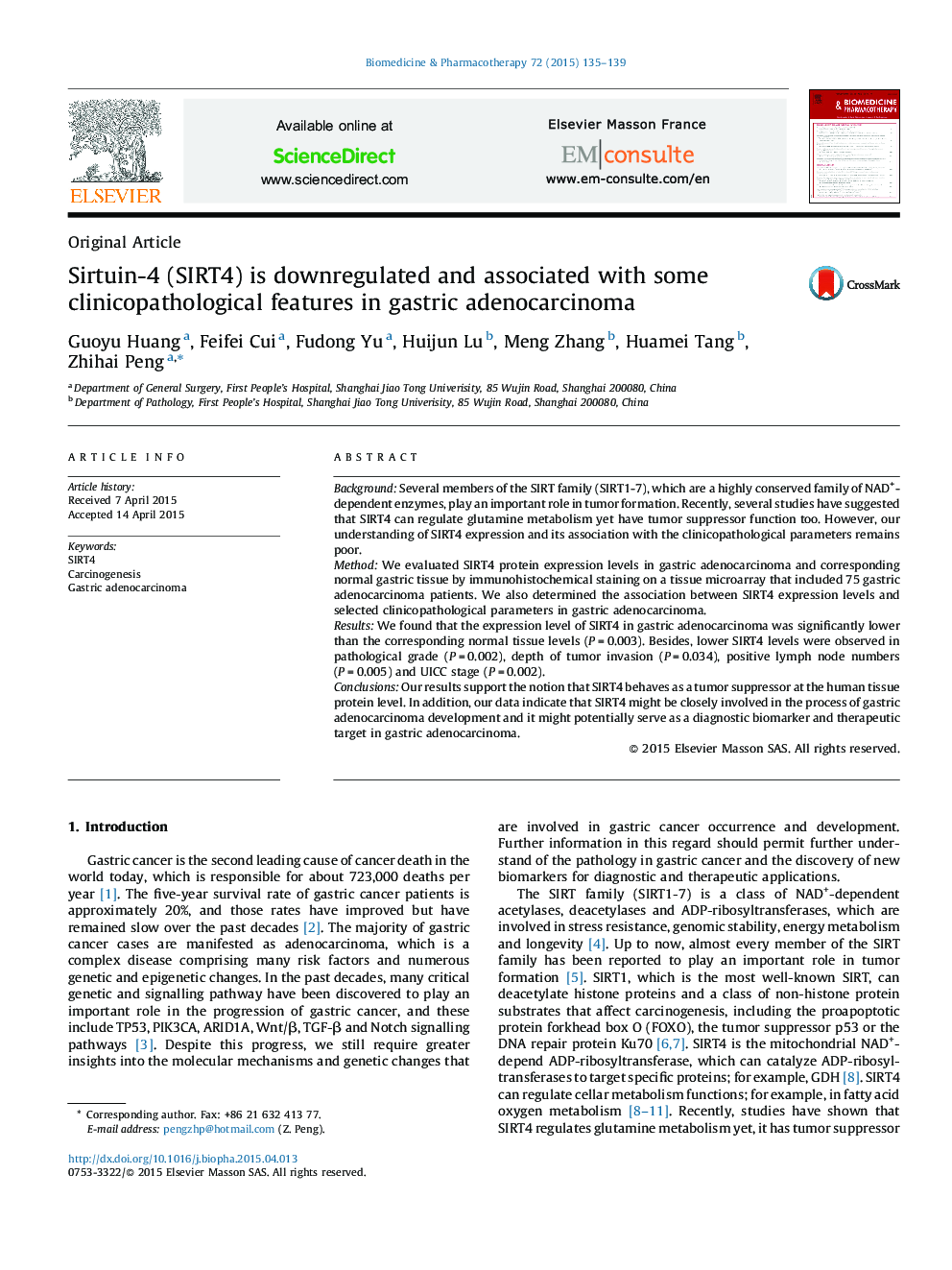 Sirtuin-4 (SIRT4) is downregulated and associated with some clinicopathological features in gastric adenocarcinoma