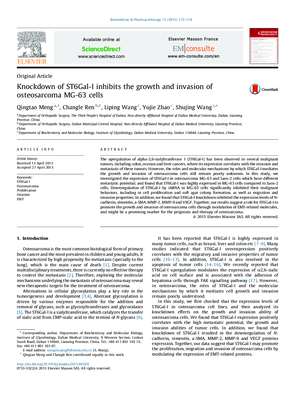 Knockdown of ST6Gal-I inhibits the growth and invasion of osteosarcoma MG-63 cells