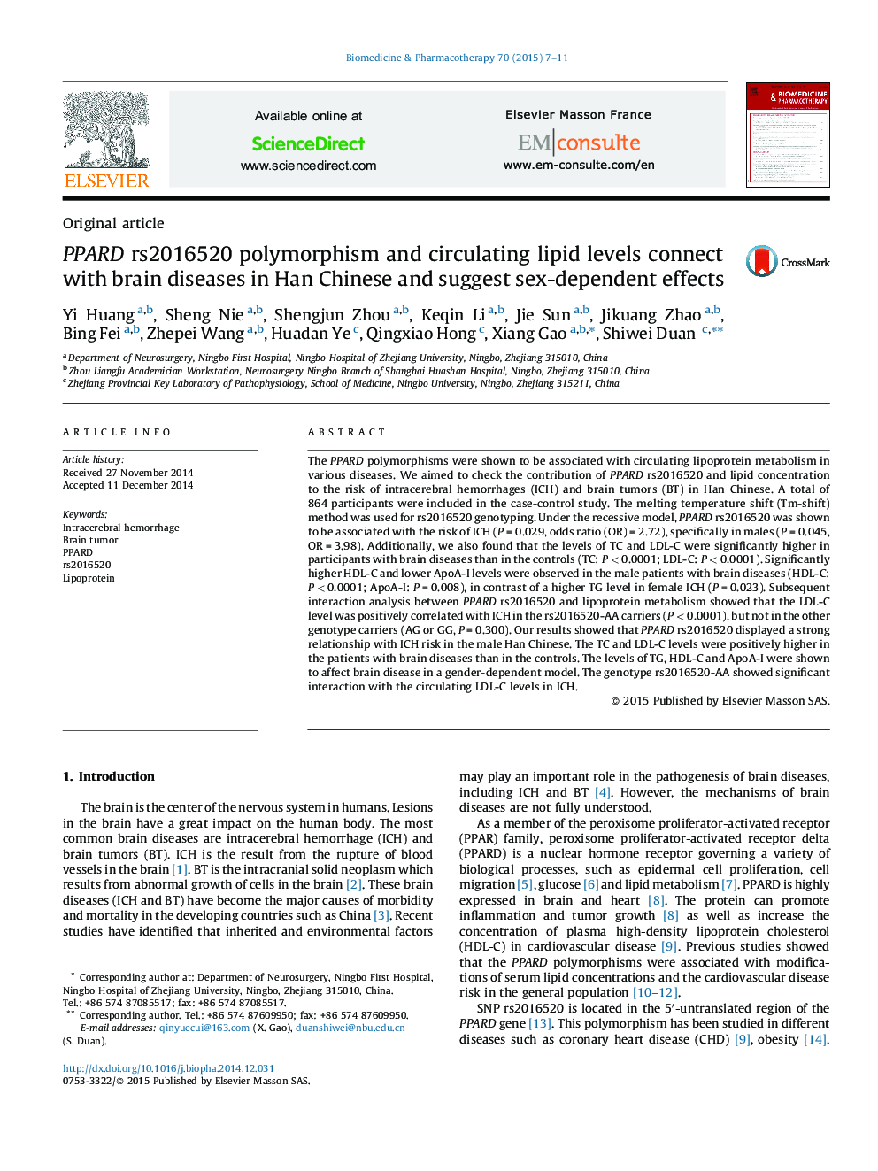 PPARD rs2016520 polymorphism and circulating lipid levels connect with brain diseases in Han Chinese and suggest sex-dependent effects