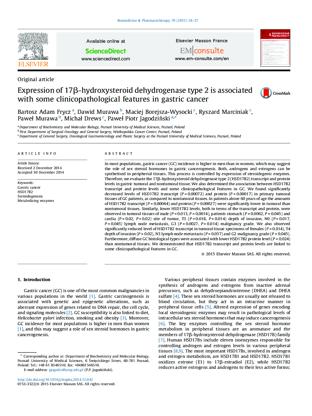 Expression of 17β-hydroxysteroid dehydrogenase type 2 is associated with some clinicopathological features in gastric cancer