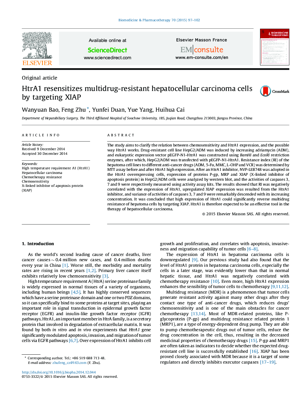 HtrA1 resensitizes multidrug-resistant hepatocellular carcinoma cells by targeting XIAP