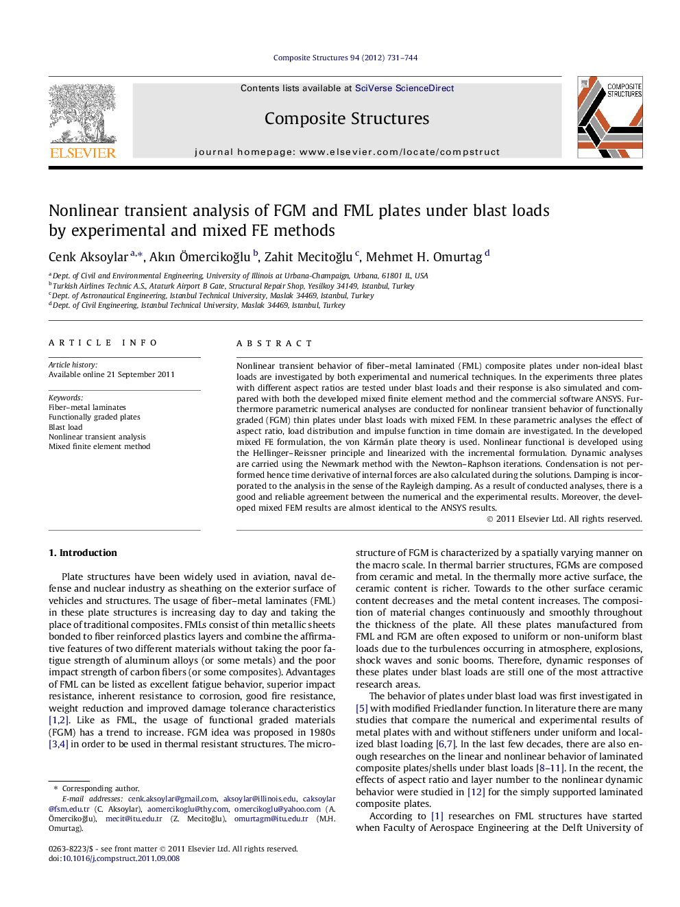 عکس صفحه اول مقاله: Nonlinear transient analysis of FGM and FML plates under blast loads by experimental and mixed FE methods Nonlinear transient analysis of FGM and FML plates under blast loads by experimental and mixed FE methods