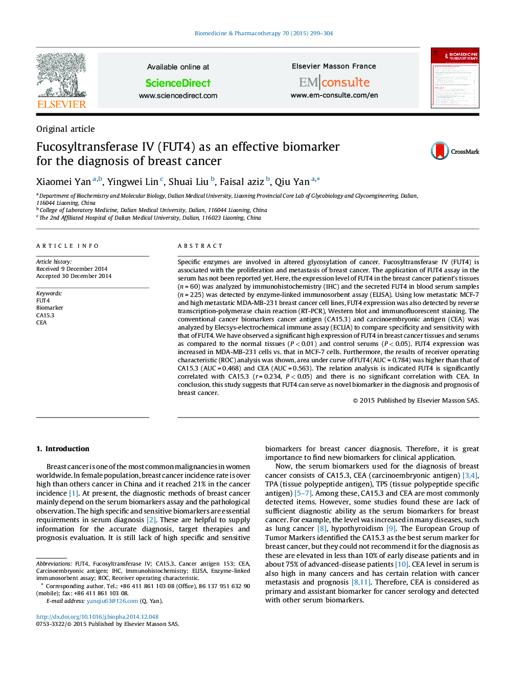 Fucosyltransferase IV (FUT4) as an effective biomarker for the diagnosis of breast cancer