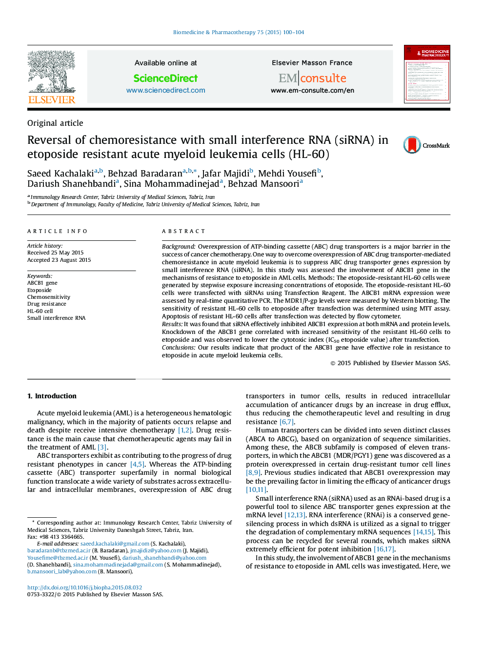 Reversal of chemoresistance with small interference RNA (siRNA) in etoposide resistant acute myeloid leukemia cells (HL-60)